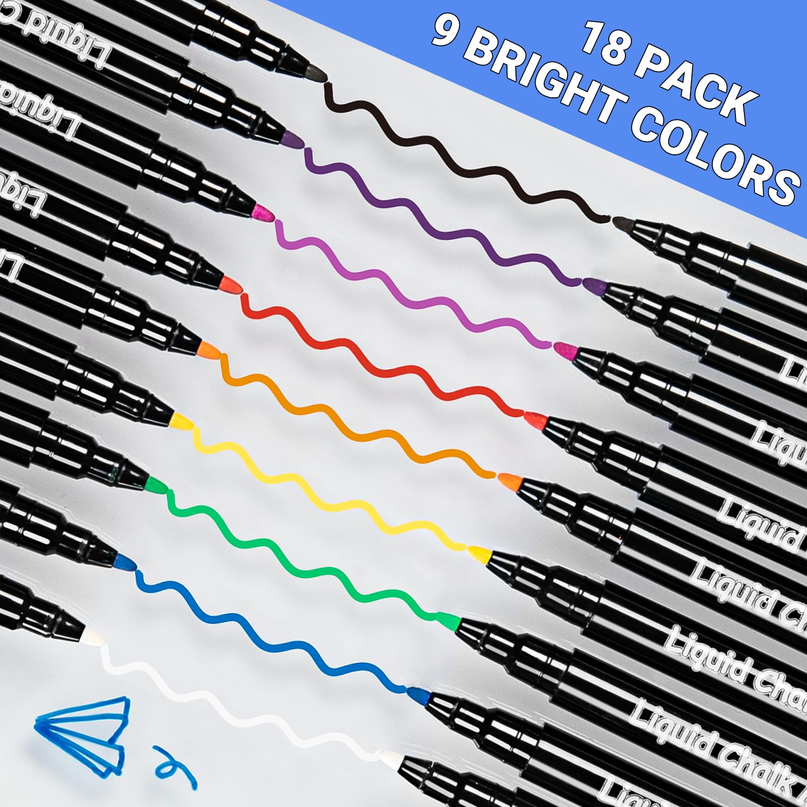 JR.WHITE 18 Stück trocken abwischbare Marker, 9 Farben, Kreidemarker, 1 mm feine Spitze, Whiteboard-Marker für Acryl-Kalender, Planungstafeln, Glas, trocken abwischbare Tafeln, Whiteboards