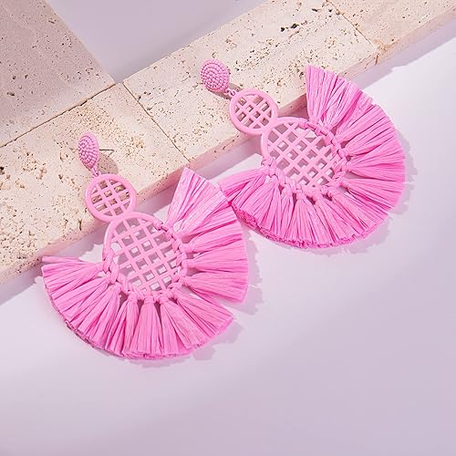 Miniatura 7 de Pendientes de borla de rafia bohemios, aretes colgantes lindos y divertidos, hechos a mano, de moda, para verano, playa, boda, joyería para mujer