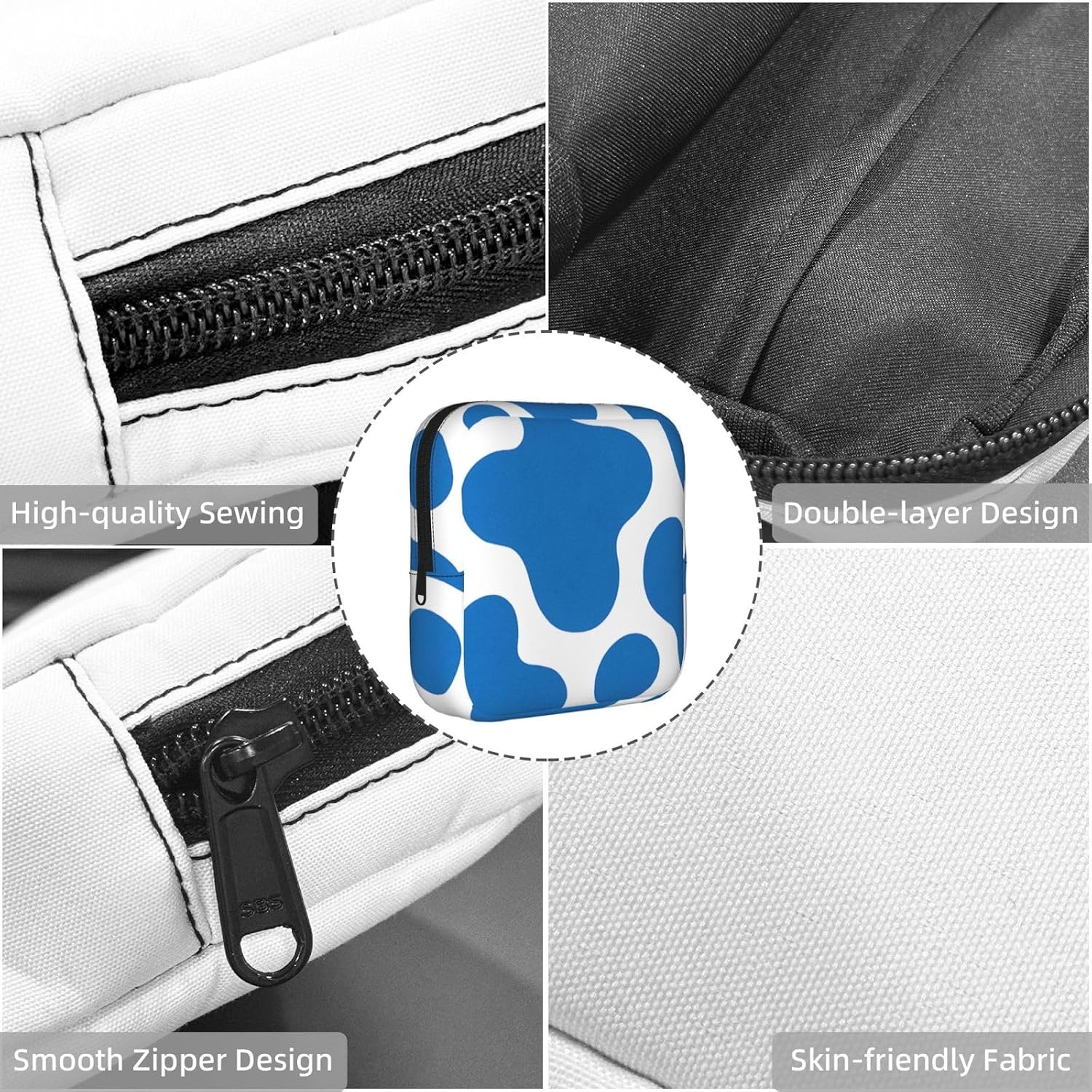 Blue Cow Print Portable Period Pad Pouch for Women, Sanitary Napkin Storage Bag with Zipper for Outdoor Use image 5