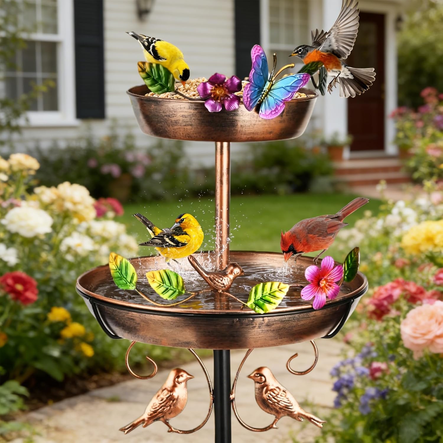 43" 2-Tier Bird Bath and Feeder for Outside, 12" and 8" Dia Double Removable Bird Baths Outdoor, Vintage Water Bowl Birdbaths, Garden Patio Lawn Decor with Butterfly and Floral Bird Border Decorative