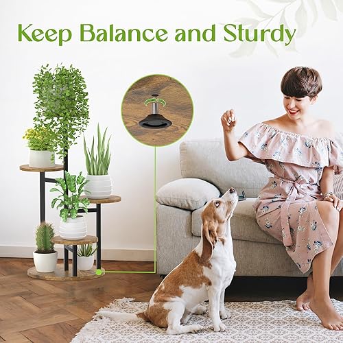 Miniatura 5 de Soporte para plantas de 5 niveles para interiores, soporte de flores de madera de metal, estante múltiple redondo alto y resistente, estante de