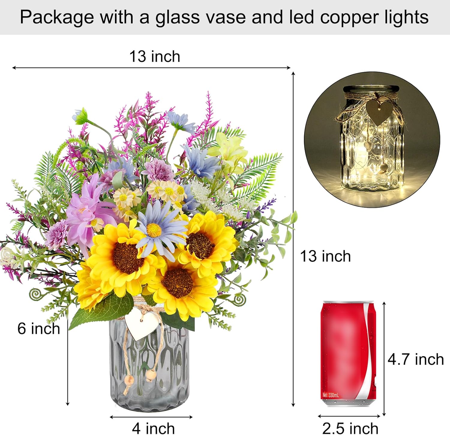Sunflower Fake Flowers in Vase, Wildflowers Artificial Flowers with Vase for Table Centerpieces Decor, Silk Flower Bouquet Faux Arrangements Kitchen Bathroom Wedding Cemetery Gravesites Decoration