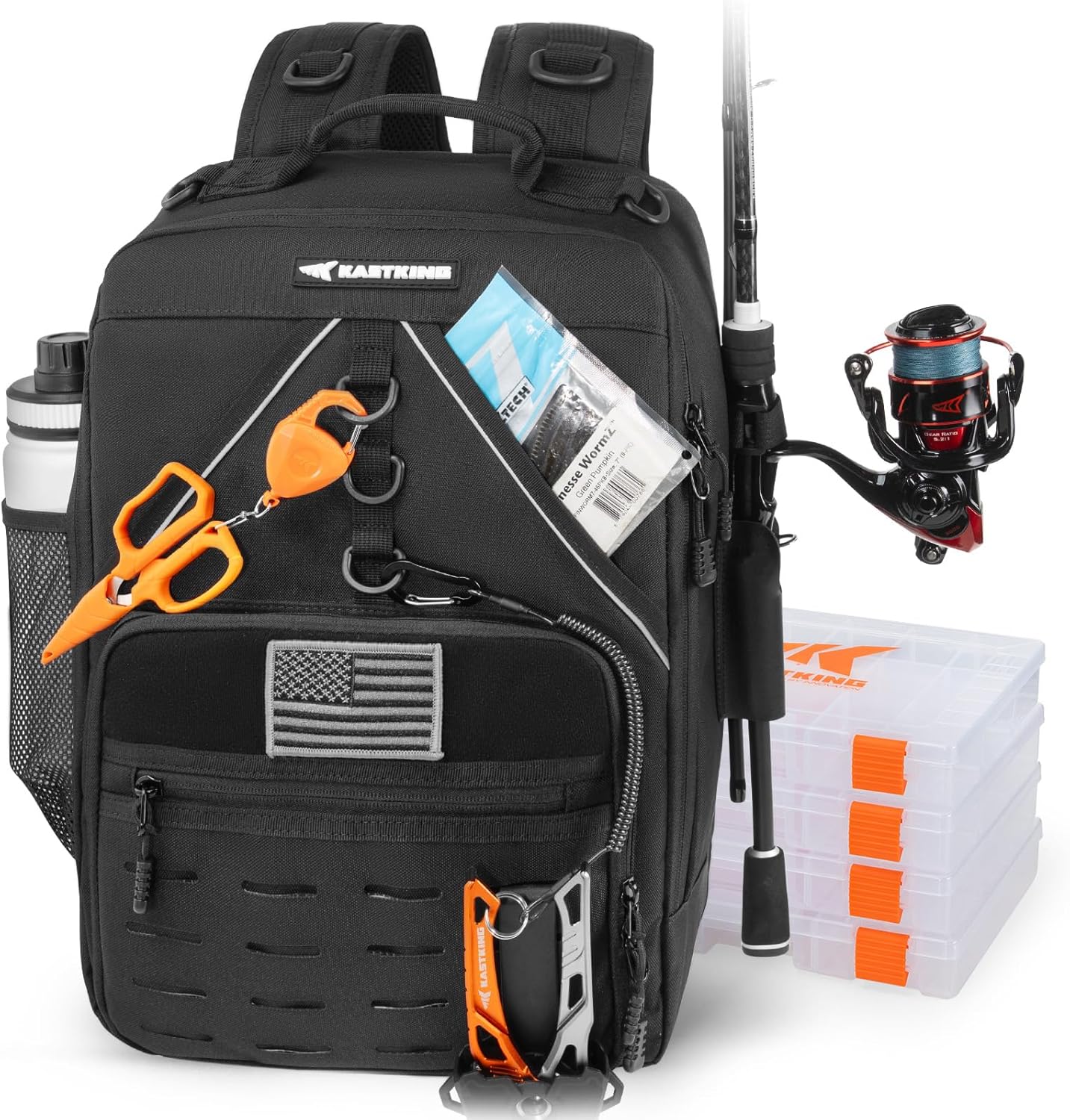 KastKing KarryAll Fishing Tackle Backpack with Rod Holder, 4 Tackle Boxes, 40/26L Waterproof Gear Storage Bag