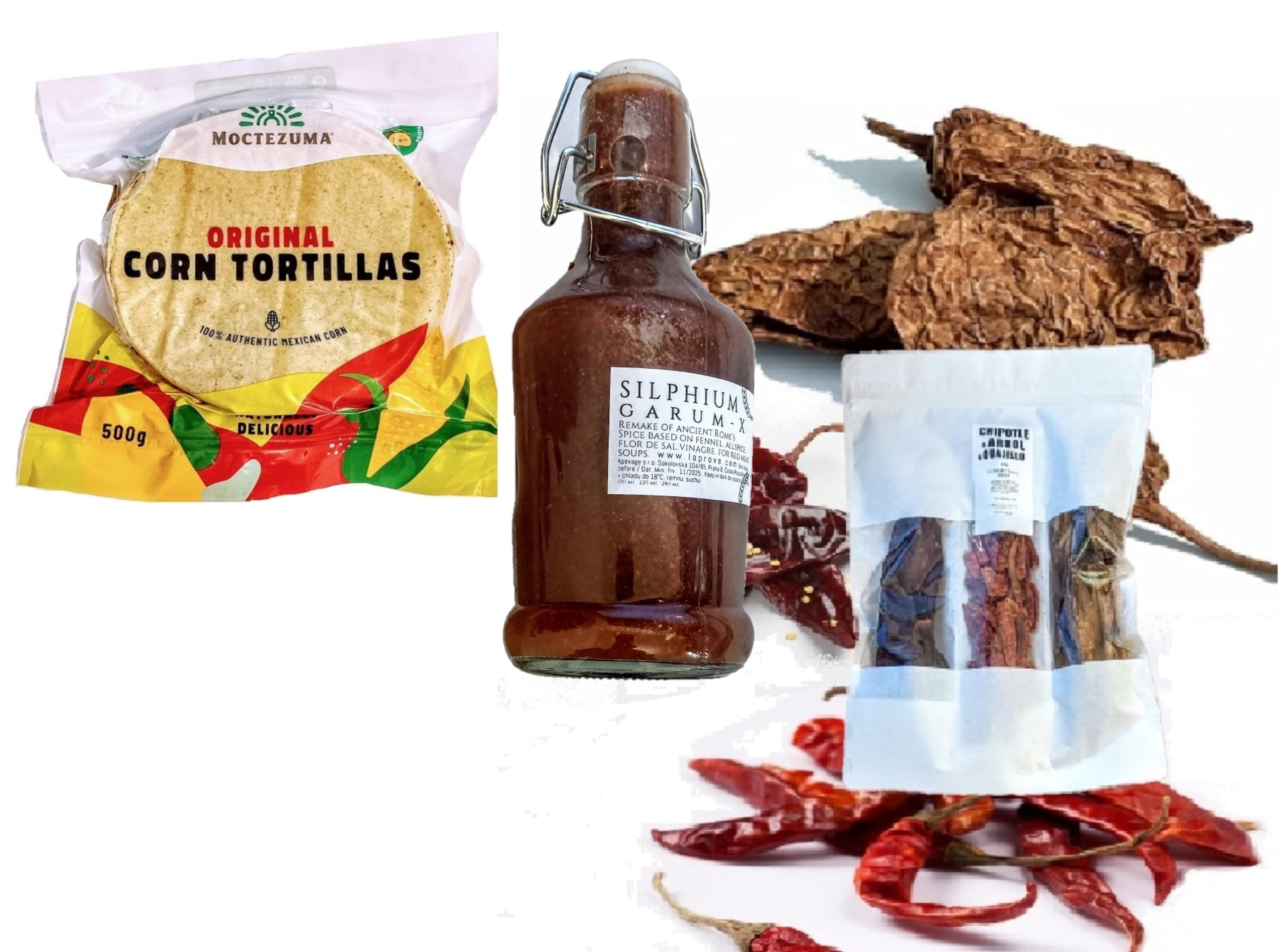 Silphium Garum salsa 220ml & Tortillas mit nixtamal 500g & Tripack Arbol,Chipotle,Guajillo 100g