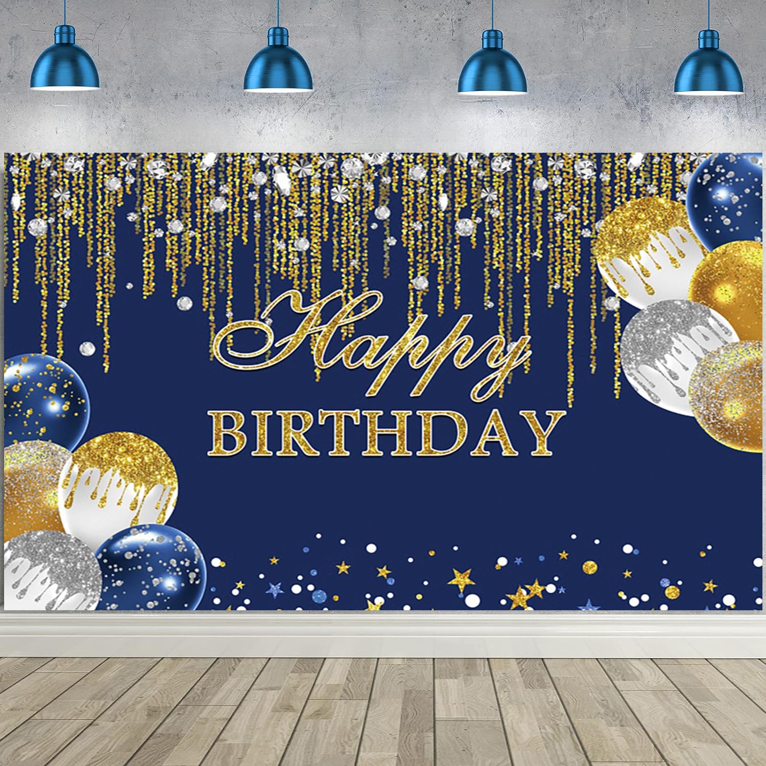 3,6 x 3 m blauer und goldener Happy Birthday-Hintergrund, Glitzer, goldene, silberne Punkte, Diamanten, Luftballons, Geburtstag, Fotografie, Hintergrund, Jungen, Männer, Geburtstagsparty