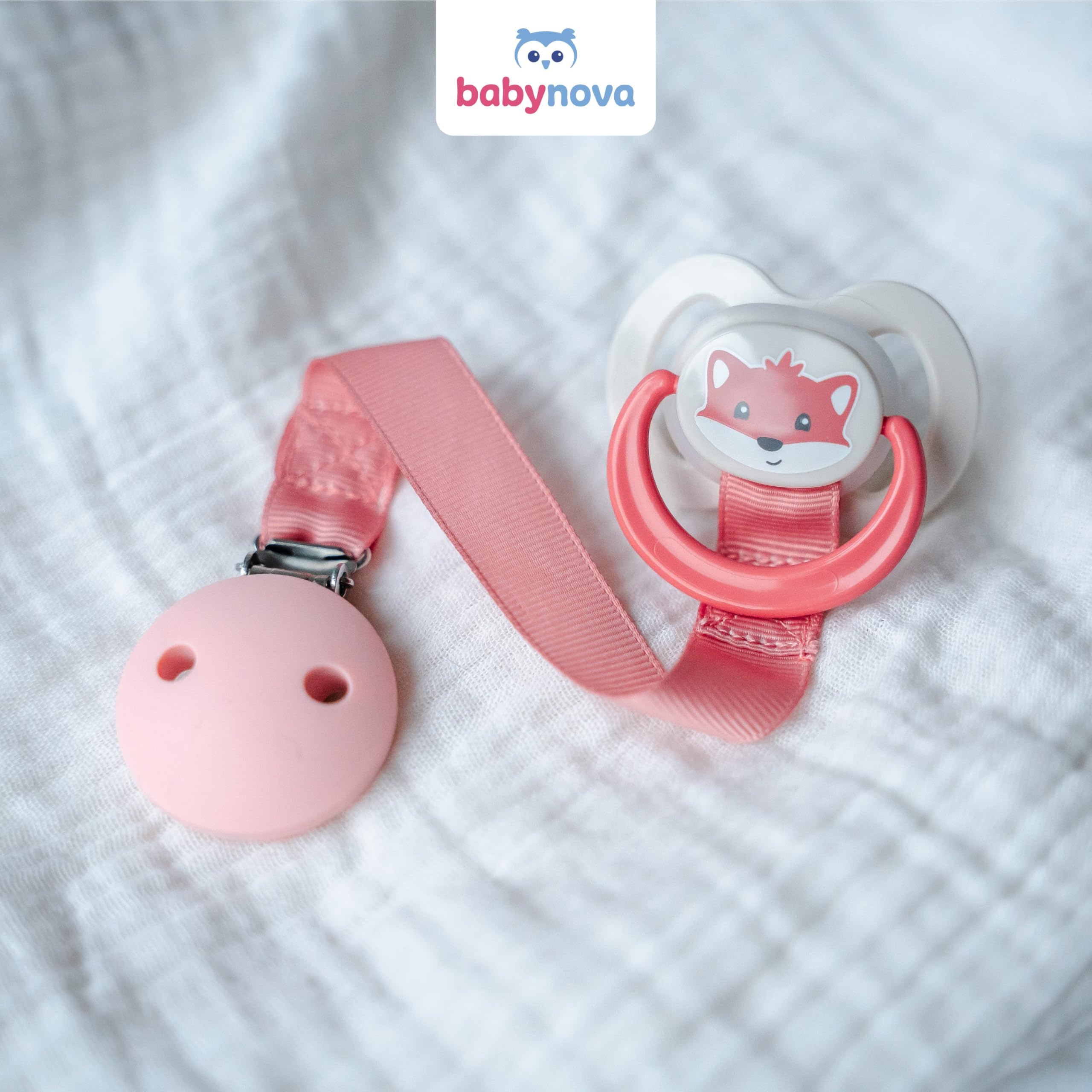 babynova Catenella portaciuccio con cinturino in tessuto, clip e anello in silicone – Portaciuccio per neonati – Adatto a qualsiasi ciuccio – Essenziale per neonati – Senza BPA – Blu
