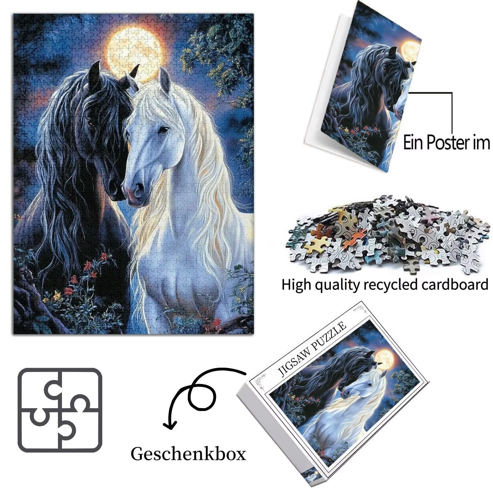 Pferd Puzzle 2000 Teile Erwachsene, Groß Puzzle Mond Poster Design, Holz Jigsaw Kreativ Set für Erwachsene Teile Geschenkbox Verpackung for Wanddeko Wohnzimmer, Geschenke für Männer, 100x70cm,Model902