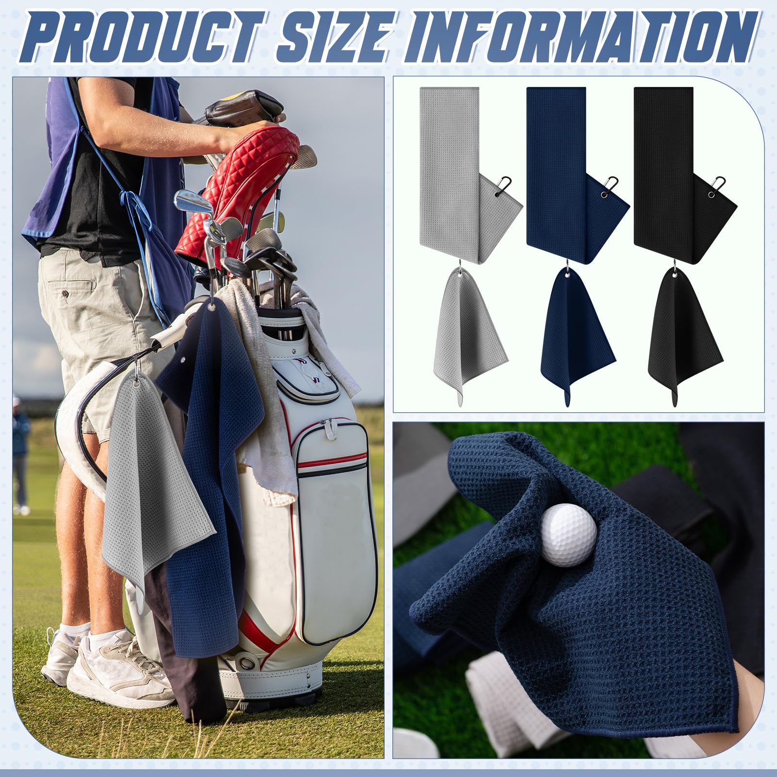 Hahafelt Juego de 6 toallas de golf grandes con clip, 24 x 16 pulgadas, 12 x 12 pulgadas, tela de microfibra portátil con patrón de limpieza de gofres, toalla de golf para bolsa, accesorios de club