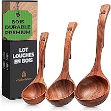 Wooden Kitchen Ladle – Set of 3 100% Natural Teak Wood Soup Ladle with Practical Hook on the Handle to Hold on the Saucepan – Non-Stick Soup Spoon – 3 Sizes