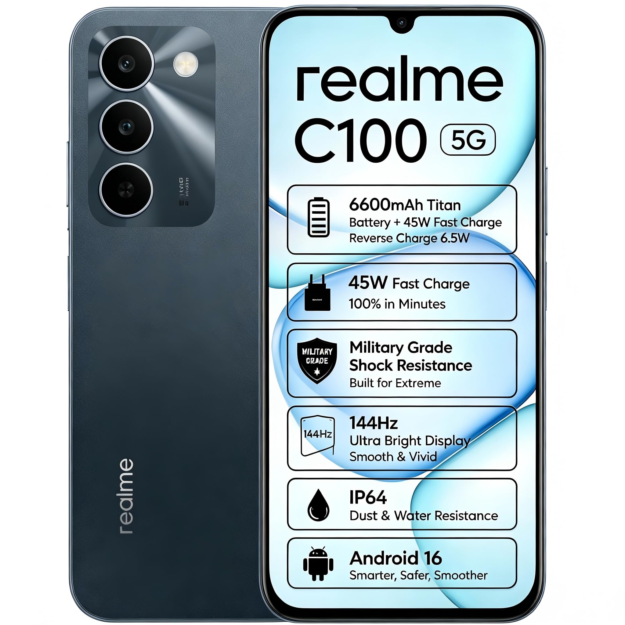 realme C100 Smartphone 5G, 4+128GB, 6.8" Écran 144Hz, Batterie Titan 6600mAh, Charge 45W, Caméra IA 50MP, Double SIM, Android 16 téléphones Portables, Design Blooming, Vert