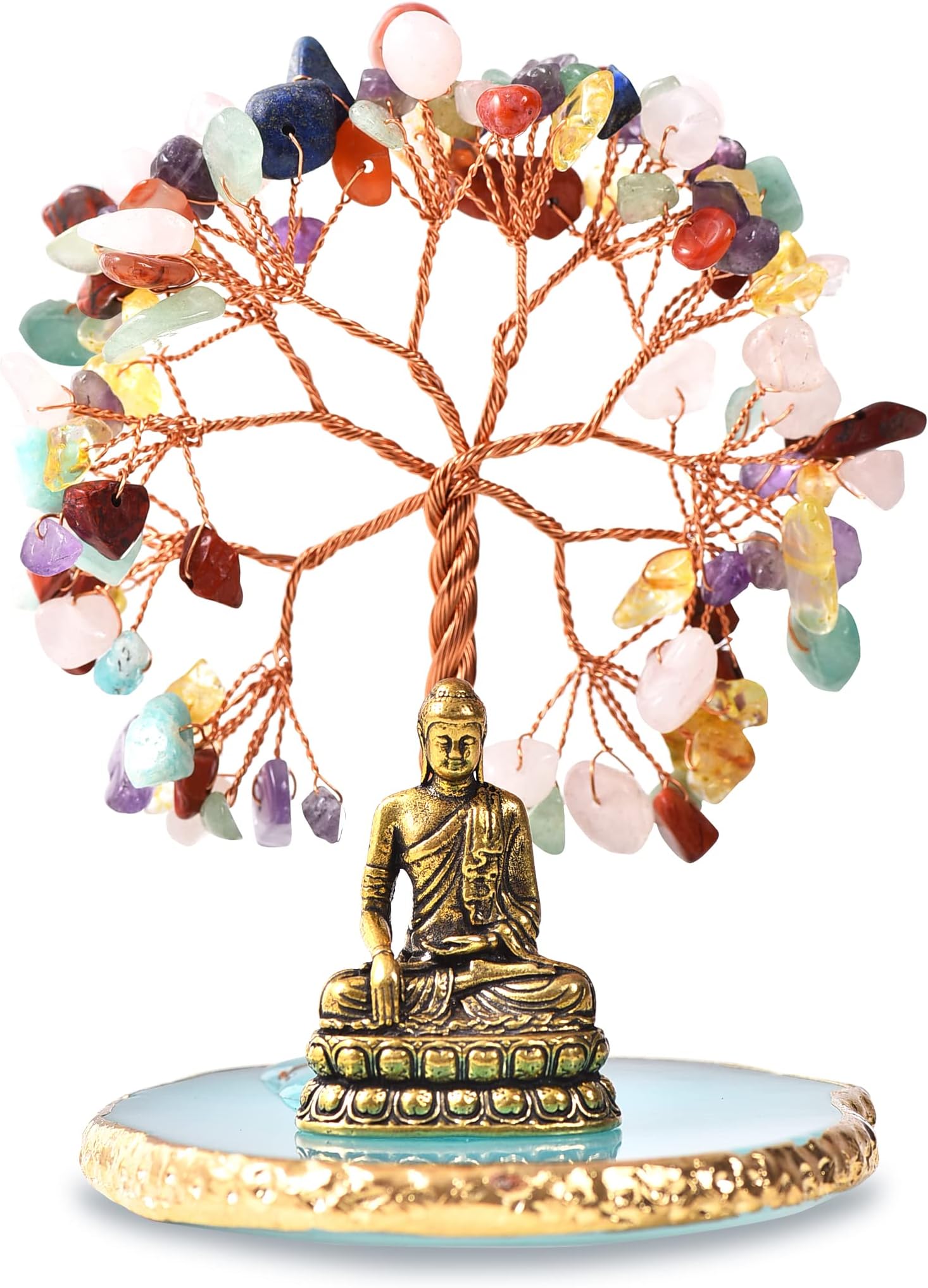 Buddha Statue with Healing Crystal Tree, Tree of Life for Positive Energy. Home Decor Yoga Meditation.7 Chakra.(C)