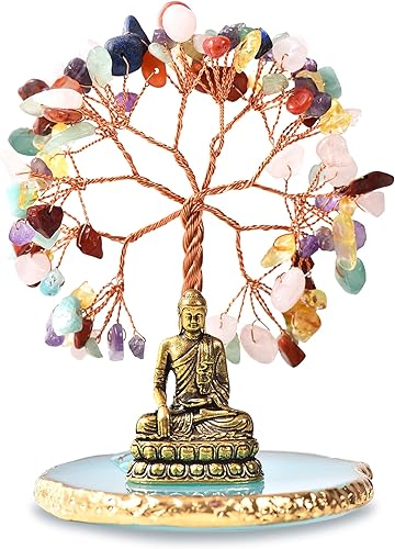 CRUCISRESIN Estatua de Buda con árbol de cristal curativo, árbol de la vida para energía positiva. Decoración del hogar Yoga Meditación.7 Chakra.(C)