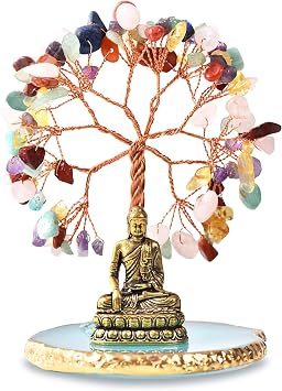 Buddha Statue with Healing Crystal Tree, Tree of Life for Positive Energy. Home Decor Yoga Meditation.7 Chakra.C
