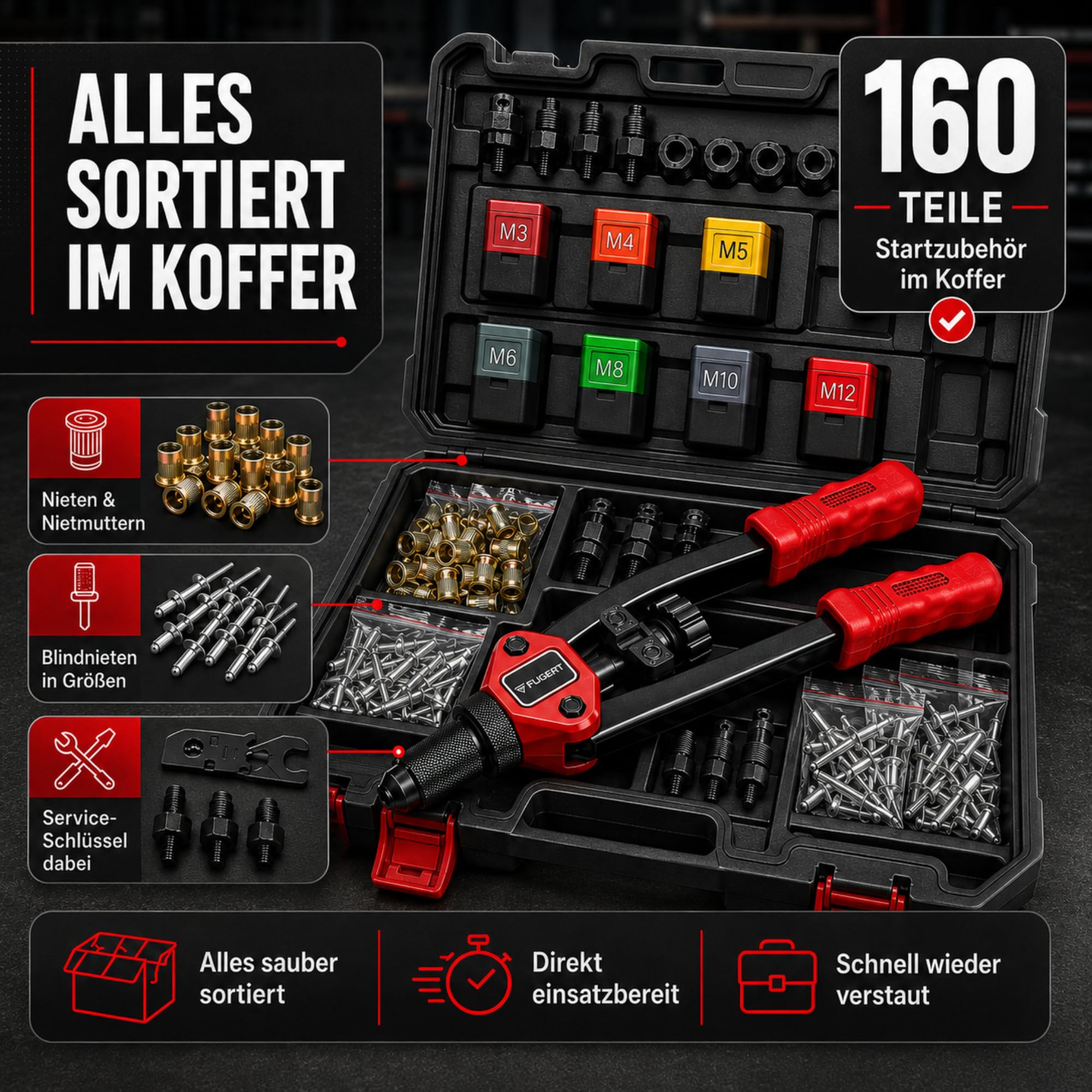 2in1 Nietmutternzange und Blindnietzange Set M3–M12, 160 Teile mit Koffer, Nietkopf 3,2-6,4mm, für Blech, Profile und Reparaturen, Handwerkzeug für Kfz Heimwerker