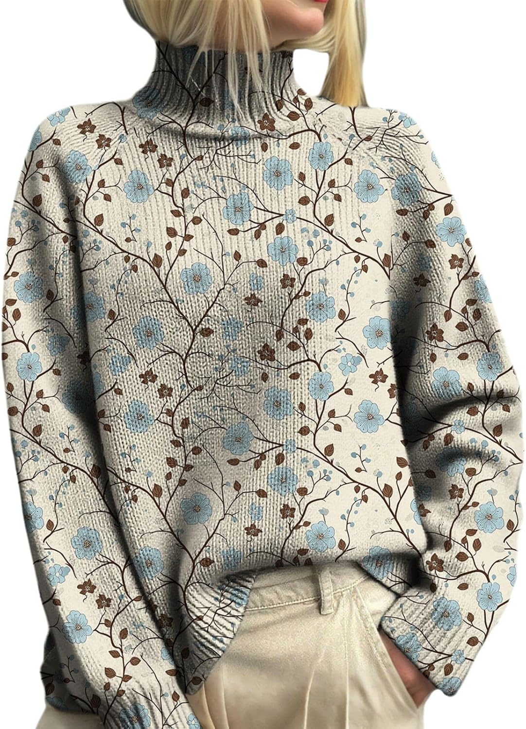 Women's Floral Turtleneck Sweaters Graphic Long Sleeve Chunky Knit Pullovers Jumper Tops Fall Winter Clothes