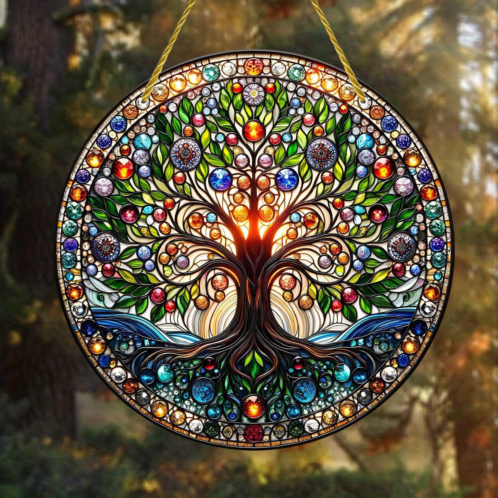 WOHAHA Handbemalter Lebensbaum-Sonnenfänger Aus Buntglas, 20 Cm – Fensterdeko Für Innen & Außen, Geschenk Für Naturliebhaber