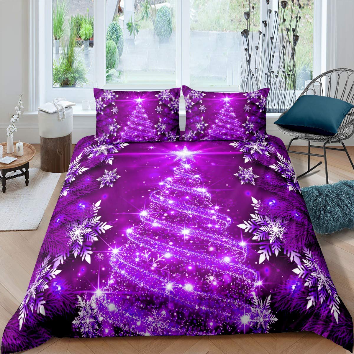Feelyou Christmas Tree Duvet Cover Queen Size Purple Xmas Theme Bedding Set Chic Winter Snowflake Comforter Cover for Girls Daughter Bedroom Decor Girly Glitter Bedspread Cover 3Pcs