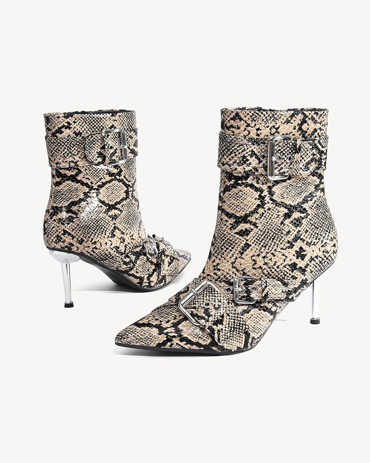 NEWBELLA Women's Faux Leather Ankle Boots - Fashion Stiletto Heel Short Boots with Metal Buckle Decoration, Edgy Chic Booties for Night Out & Parties - Image 5