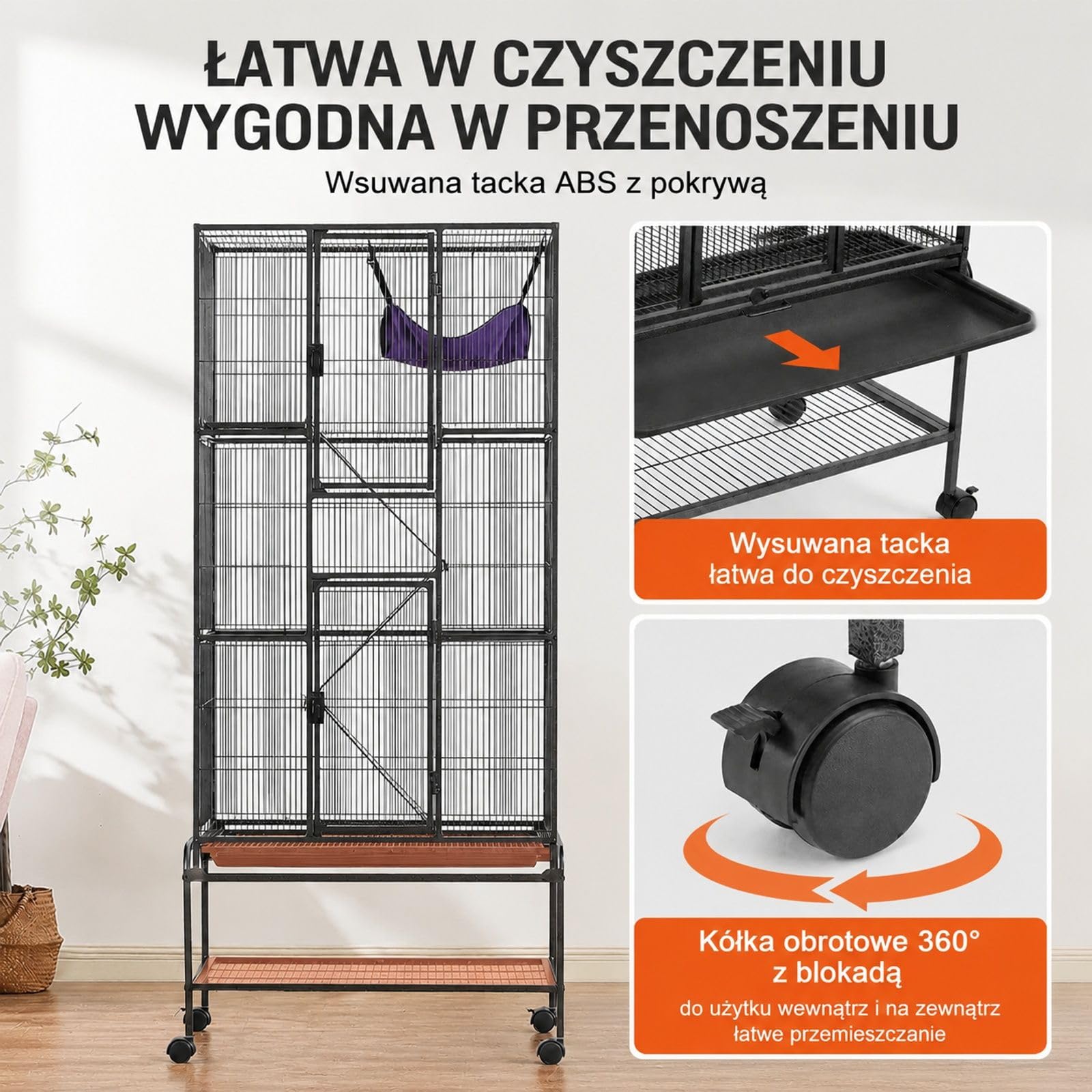 Czarna metalowa klatka dla fretek i małych zwierząt, 4 poziomy, kółka, rampy, taca, żelazo, plastik i aksamit