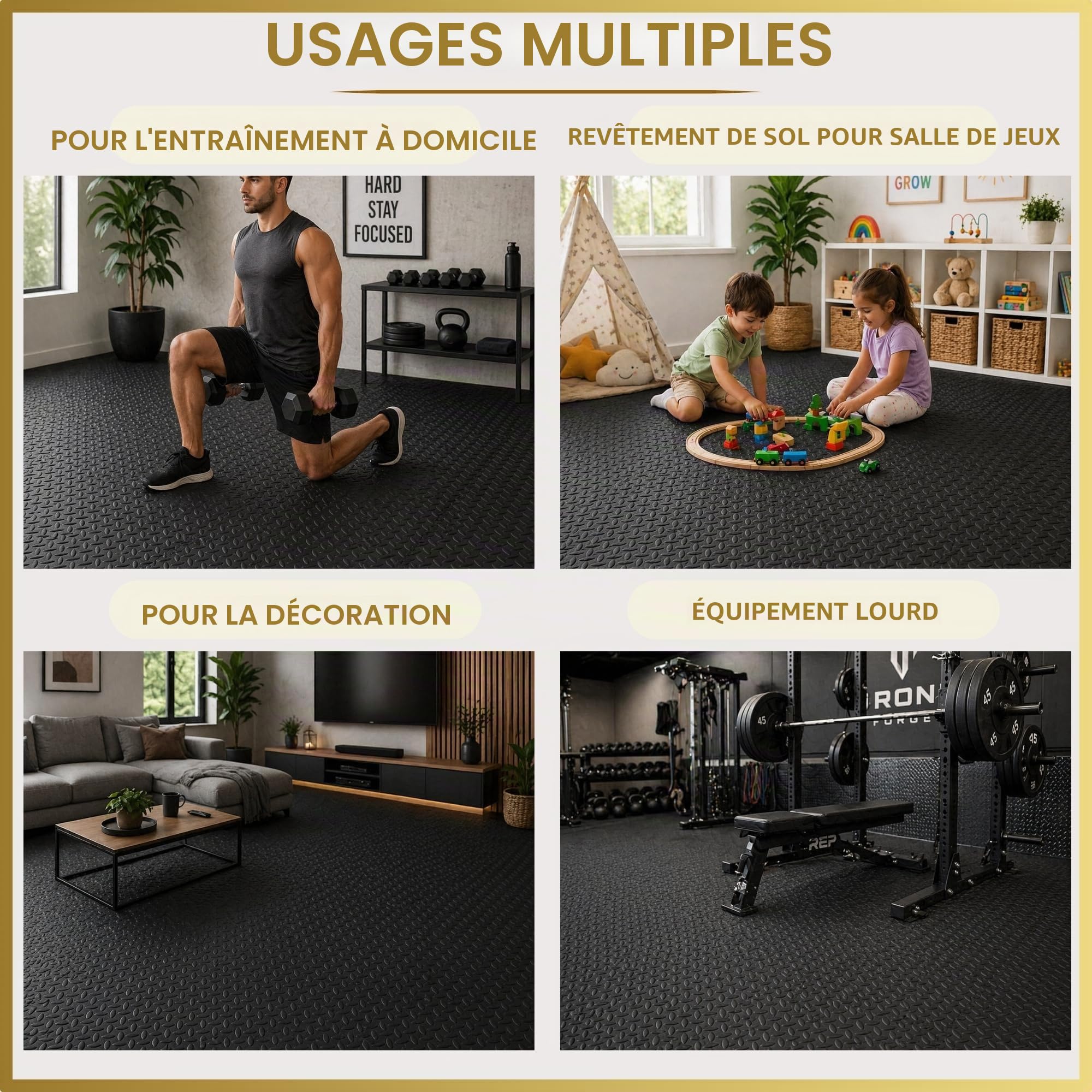 Lot de 24 dalles de sol emboîtables en EVA - Coussin en caoutchouc antidérapant pour entraînement à la maison - Tapis de yoga - 60 x 60 cm - Noir