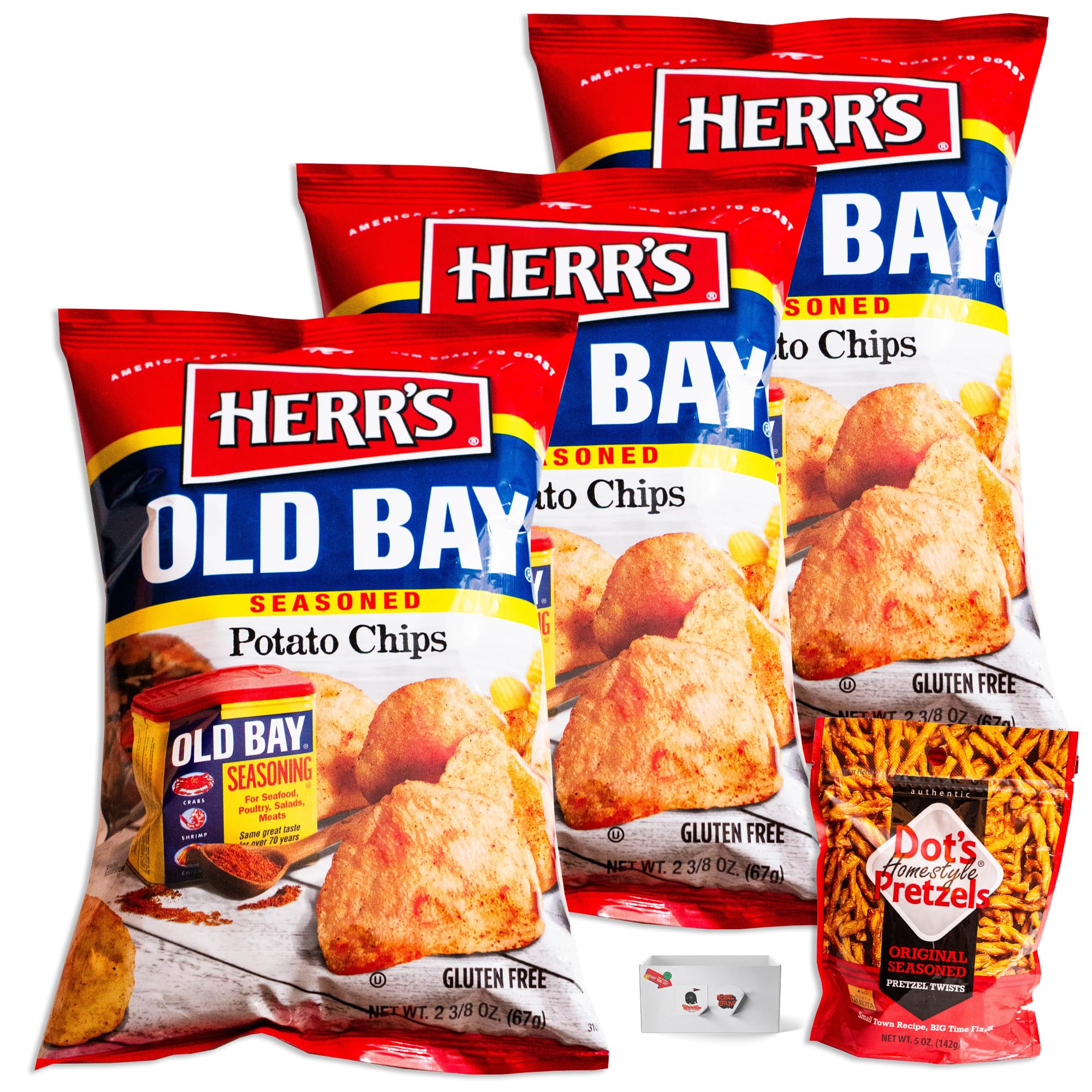 Old Bay Seasoning Potato Chips (3, 2.37oz bags) - Dot's Original Seasoned Pretzel Twists (1, 5oz bag) - Gourmet Snack Bundle - 4 Items Total