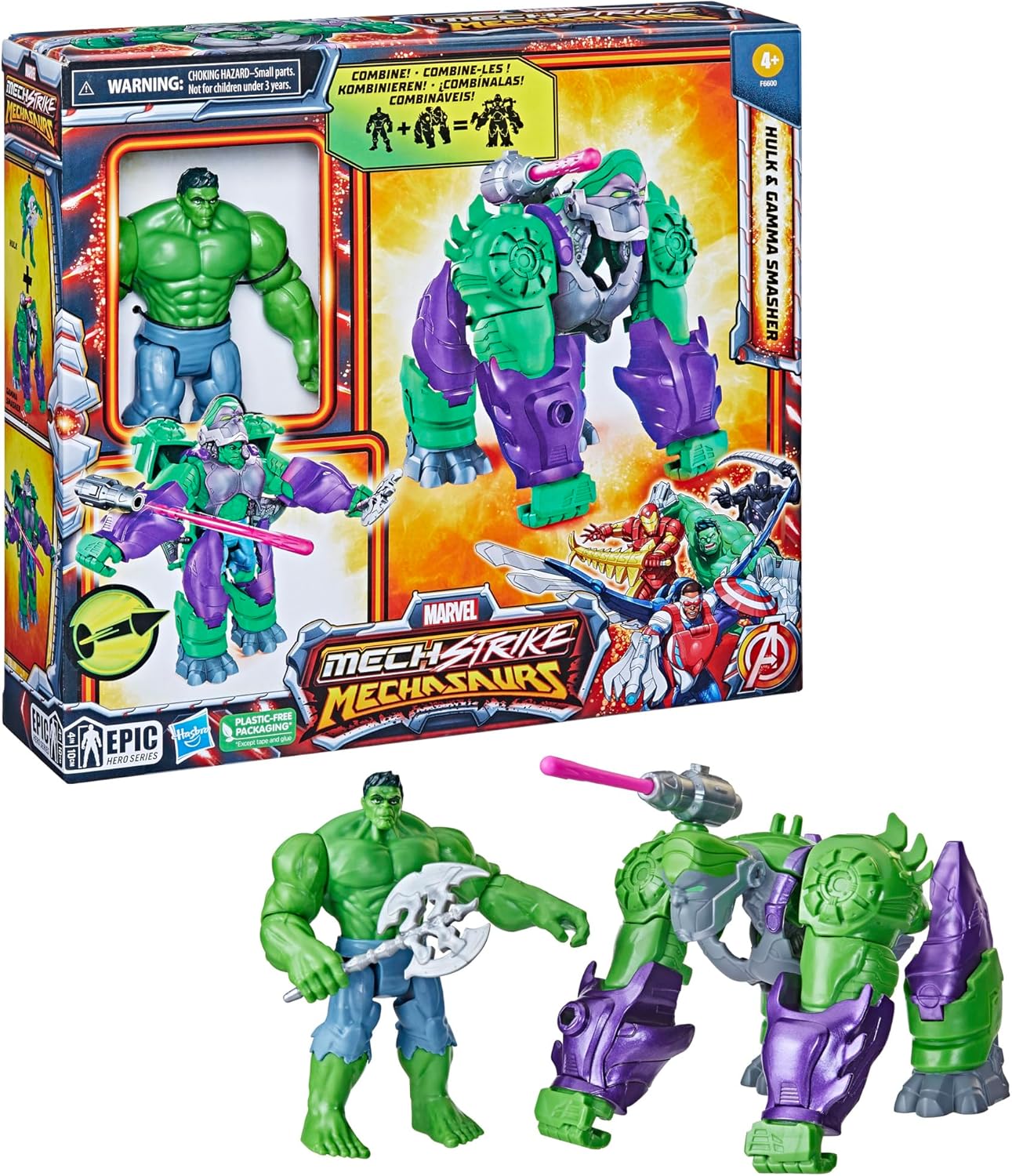 Marvel Mech Strike Mechasaurs, 4.5-Inch Hulk with Gamma Smasher Mechasaur Action Figures, Super Hero Toys for Kids Ages 4 and Up