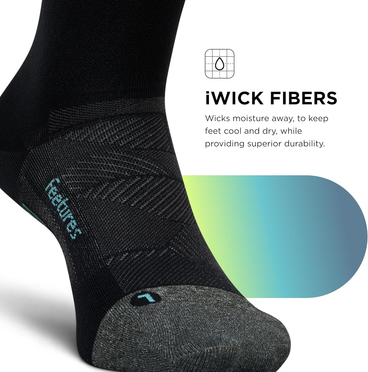 Close-up of the sole of a Feetures sock with text 'iWICK FIBERS' and description 'Wicks moisture away, to keep feet cool and dry, while providing superior durability.'