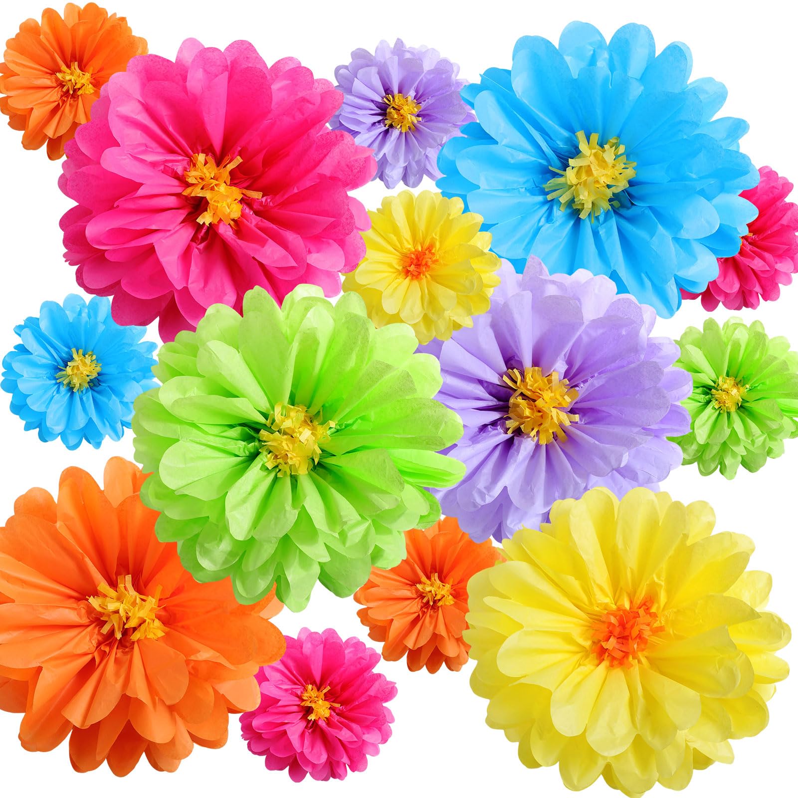 Watersay 12 Pcs 10" 20" Large Tissue Paper Flowers, Cool Color | Colorful Mexican Paper Flowers Decorations for Wall, Giant Crepe Big Tissue Pompoms Craft Backdrop Decor for Wedding Birthday