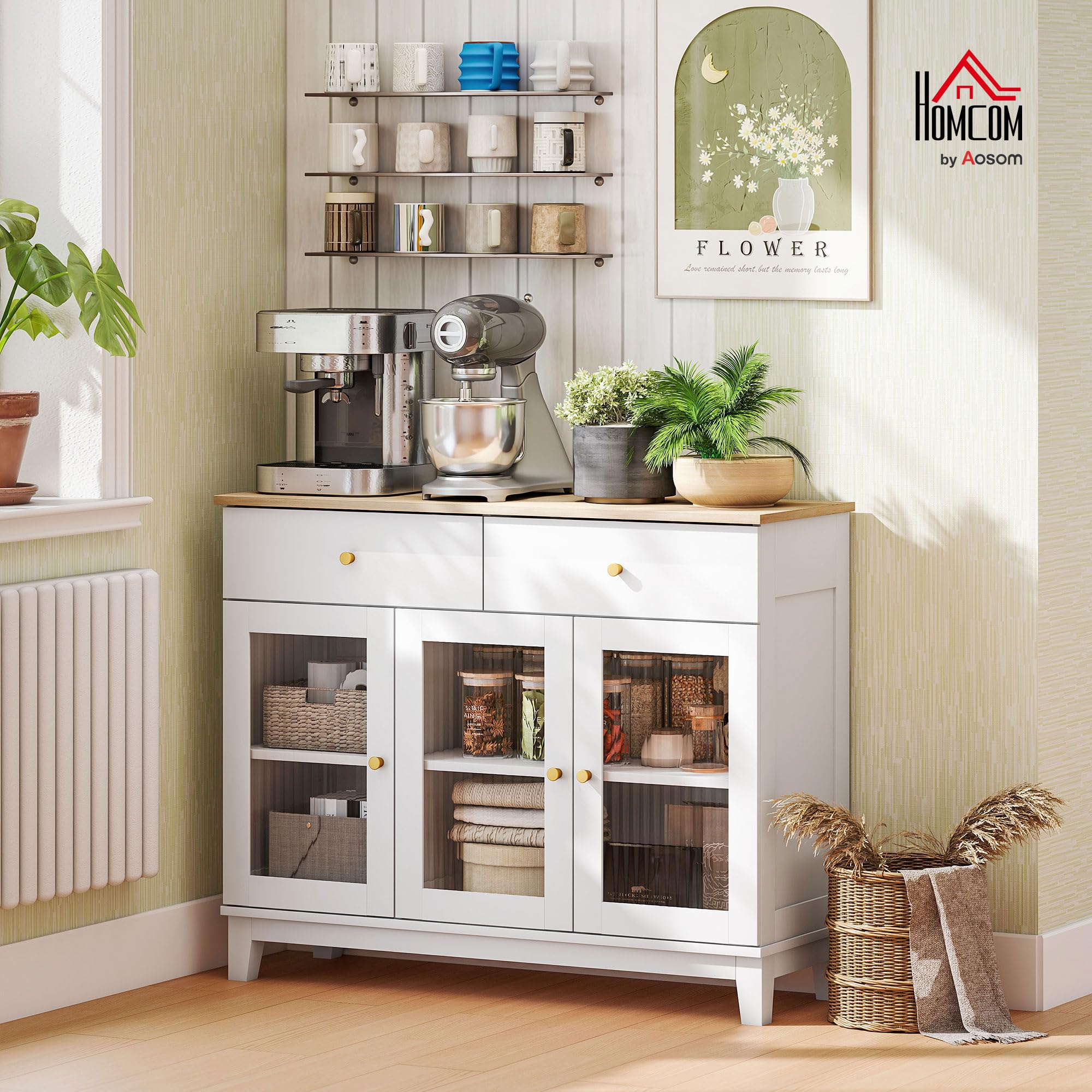 HOMCOM Aparador 3 Puertas Vidrio Estriado 2 Cajones 100x35x80,3 cm Blanco | Aparador para Salón Moderno, Estantes Ajustables, Comedor, Entrada