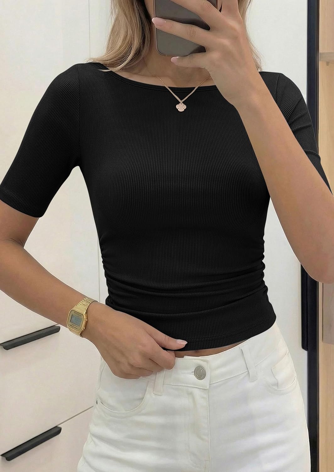 PRETTYGARDEN Womens Summer Short Sleeve Tops Boat Neck Ribbed Knit Slim Fit T Shirt Casual Basic Top 2026 Spring Clothes - Image 2