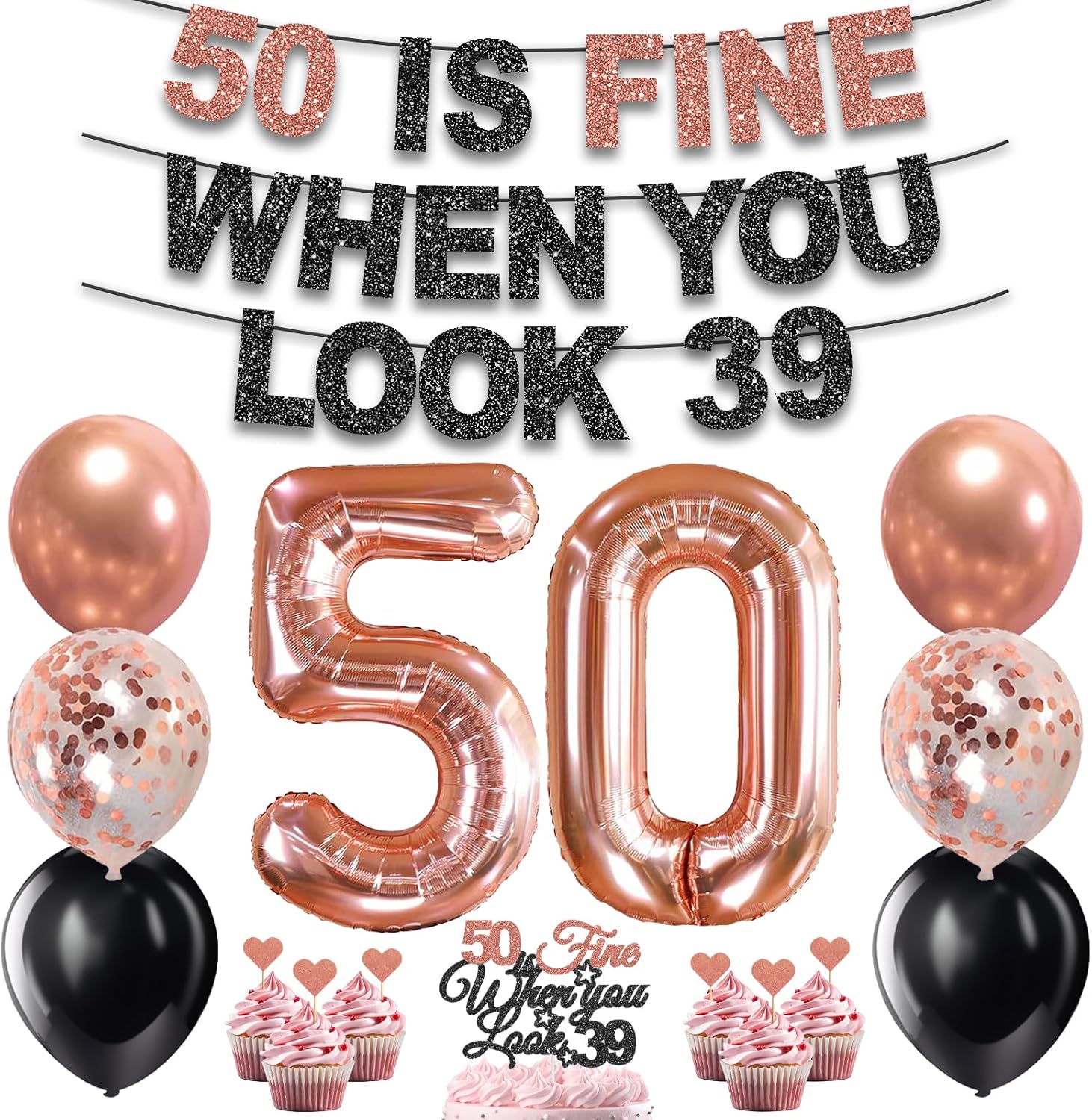 50th Birthday Decorations for Women, Pre-Strung 50 Is Fine When You Look 39 Banner, 50 Balloons Cake & Cupcake Toppers Party Supplies Kit, 50 Year Old Birthday Party Decorations