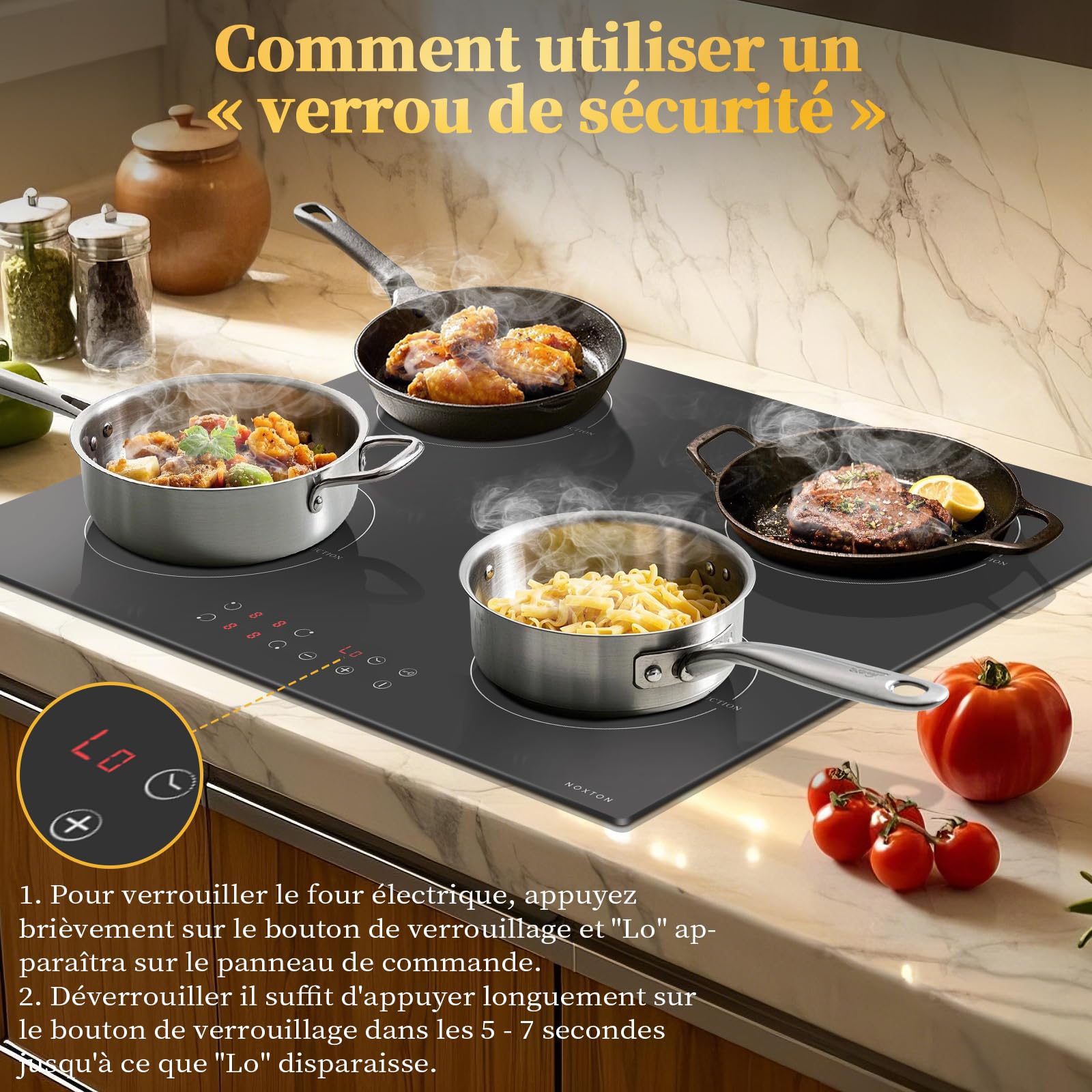 Plaque Induction 4 Feux avec Prise, Plaque de Cuisson Electrique Encastrable, Table de Cuisson Induction 60CM, 6400W Plaque Induction 4 Foyers avec Commande Tactile, Sécurité Enfant, Minuterie