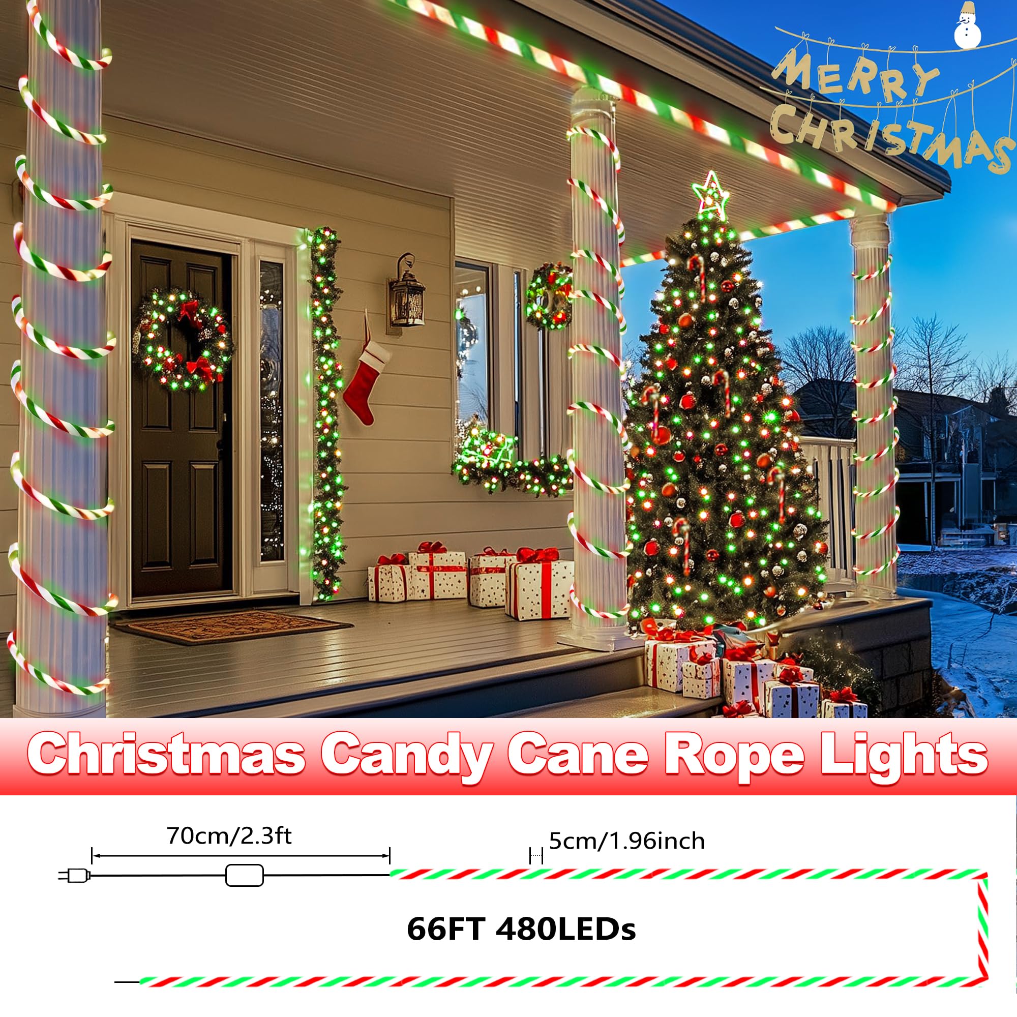 Jnaurb Luces de bastón de caramelo de Navidad, 66 pies, 480 luces LED conectables, color blanco, rojo y verde, cuerda de luces para exteriores, 8 modos, luz LED impermeable de Navidad para jardín
