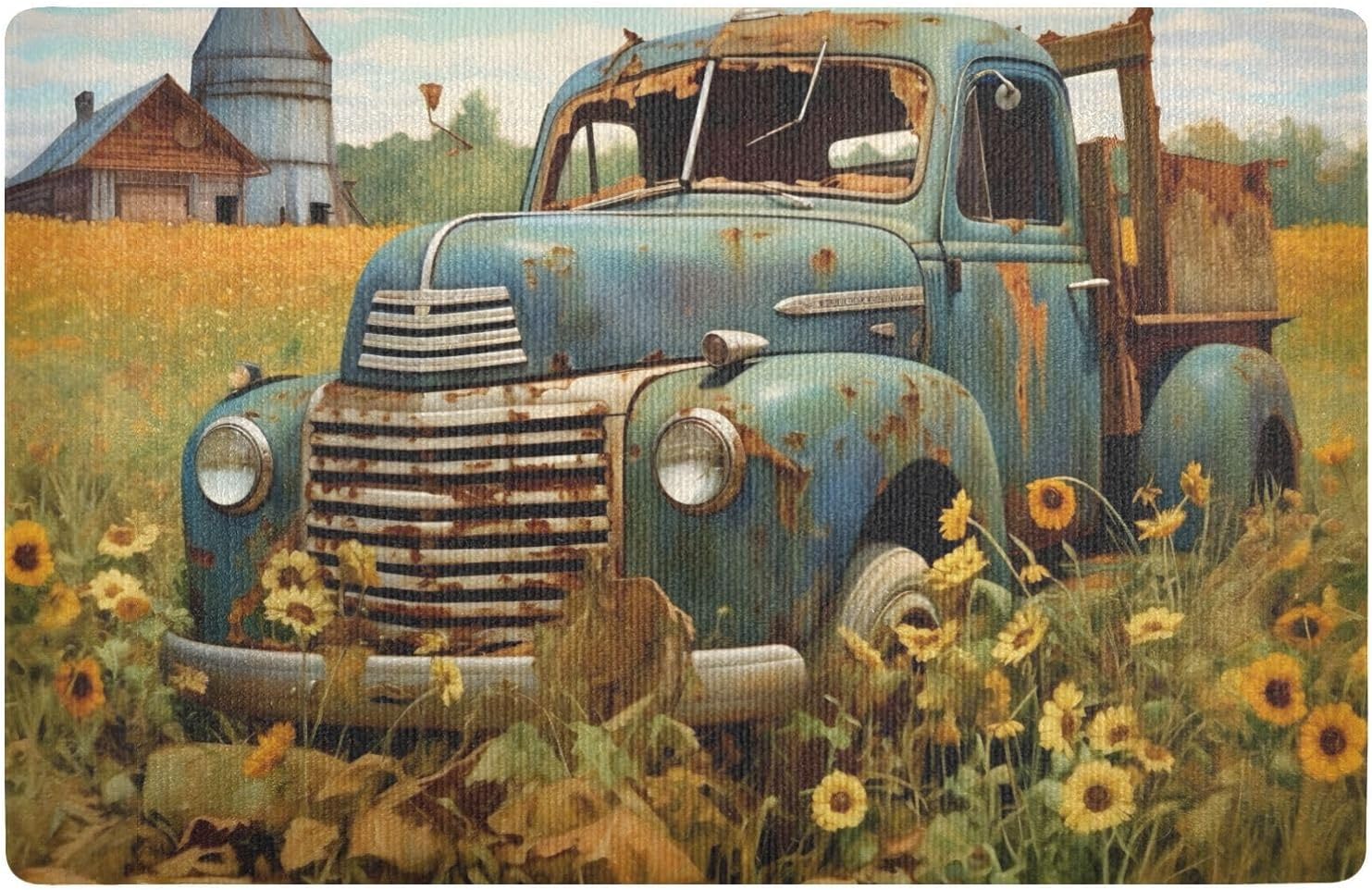 Front Door Mat (Old Truck Farm), 32x20 in Indoor Outdoor Welcome Mats Doormat for Entrance Patio Porch Entryway Water Absorbent Low Profile Anti Slip