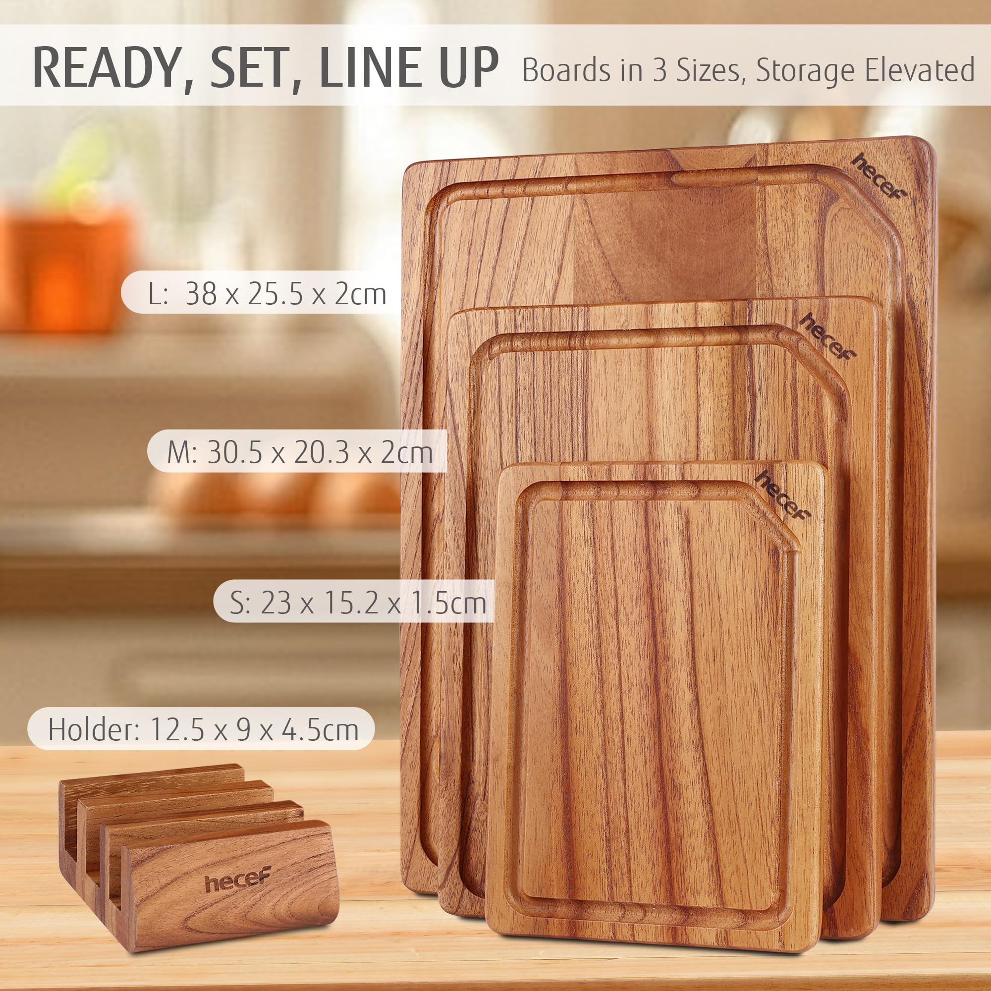 hecef Set di taglieri da cucina in legno con supporto, reversibili per taglio/servizio, scanalature raccogli-succhi e maniglie, 3 pezzi (piccolo, medio, grande) per carne, pane, salumi e formaggi