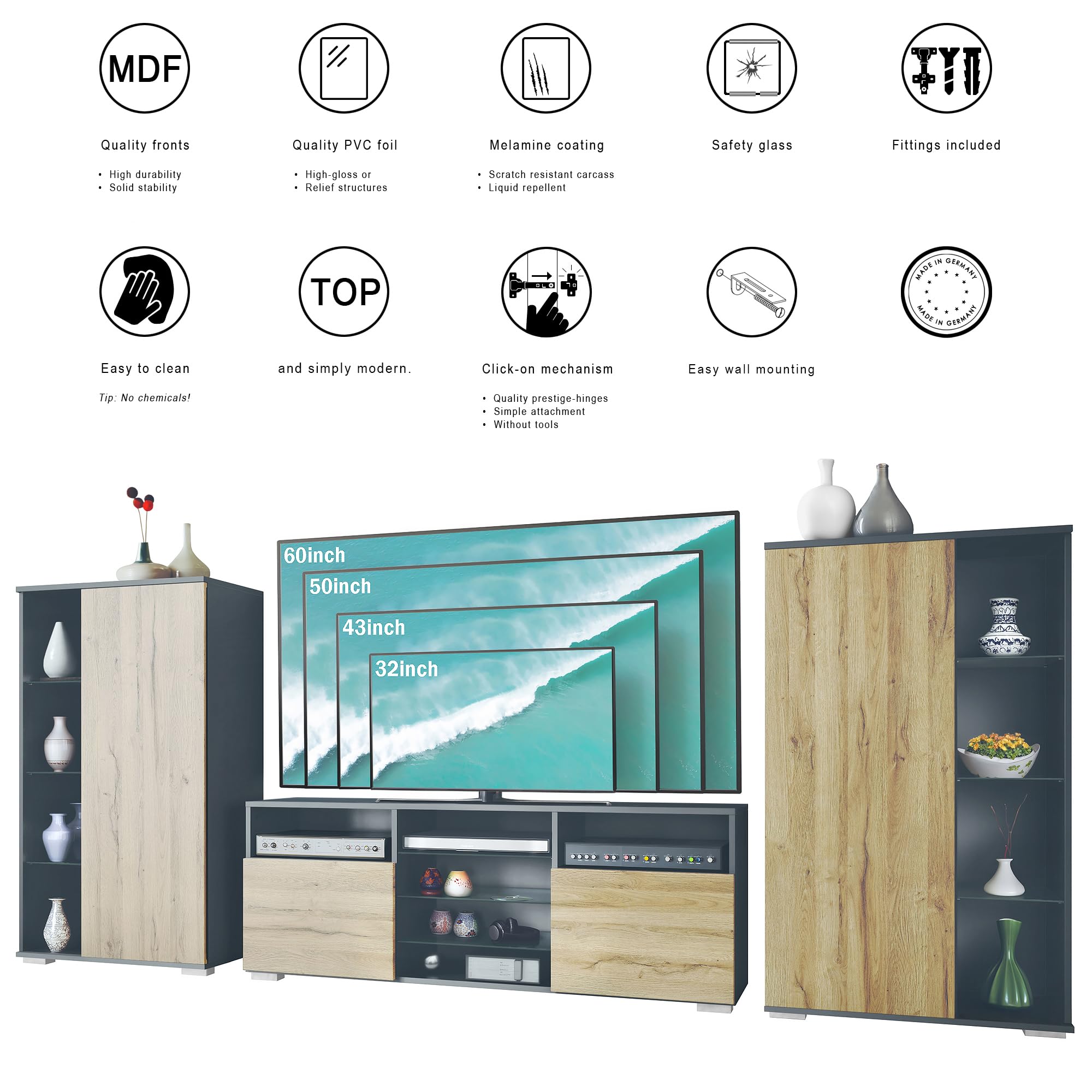 Vladon Mobile Parete Davos per Soggiorno, Composto da 2 vetrine e 1 Mobile TV, Antracite Opaco/Ottica cermento ossido (329 x 134 x 35 cm)
