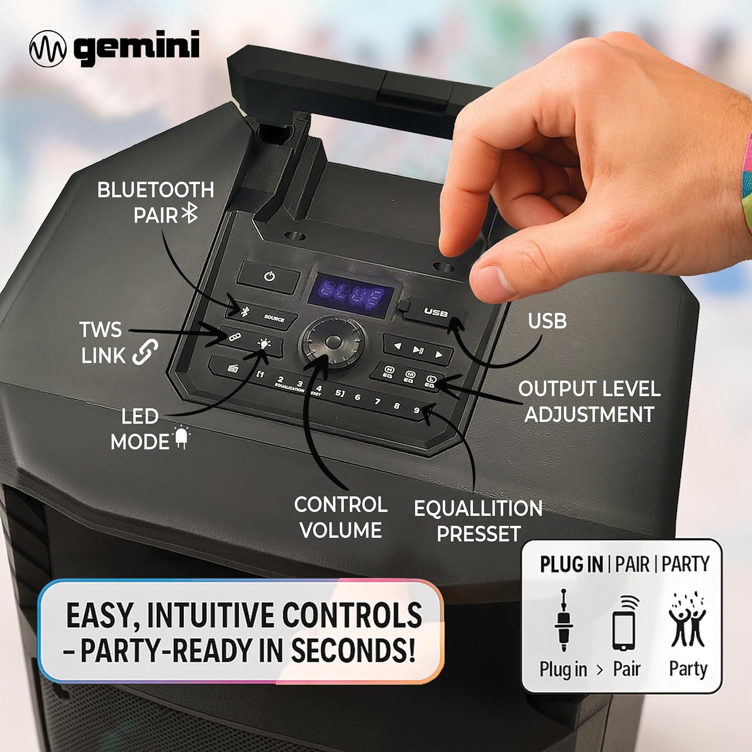 Gemini Sound GXP-T1500 All-Weather Portable Bluetooth PA Speaker System with RGB LED Party Lighting, 15" Woofer, Mic/Guitar Inputs, USB/FM Radio, Wireless Stereo Link, IPX4 Rating - Image 3