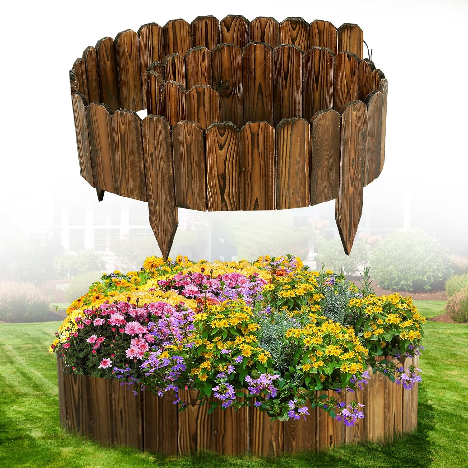 Wooden Garden Edging - 11.8ft x 8in Weather-Resistant Pine Landscape Border Fence for Outdoor Patio Lawns Yard Flower Beds Decoration