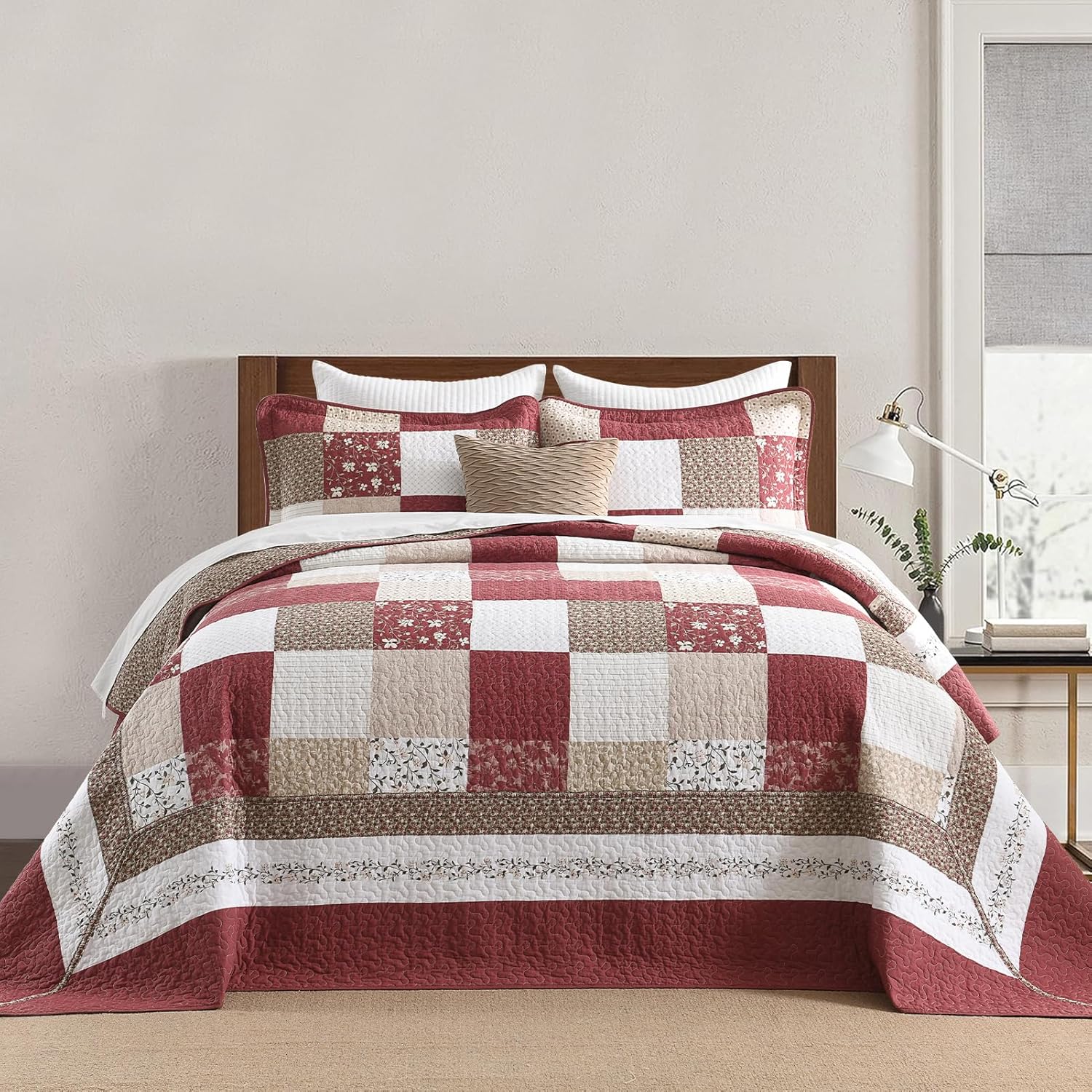 100% Cotton King Bedspread 120"x120", Oversized Quilt Set, Extra Wide Bedspread Coverlet, Plaid Floral Pattern, Lightweight Quilted Reversible Bedding Set, 3 Piece, Cream/Burgundy