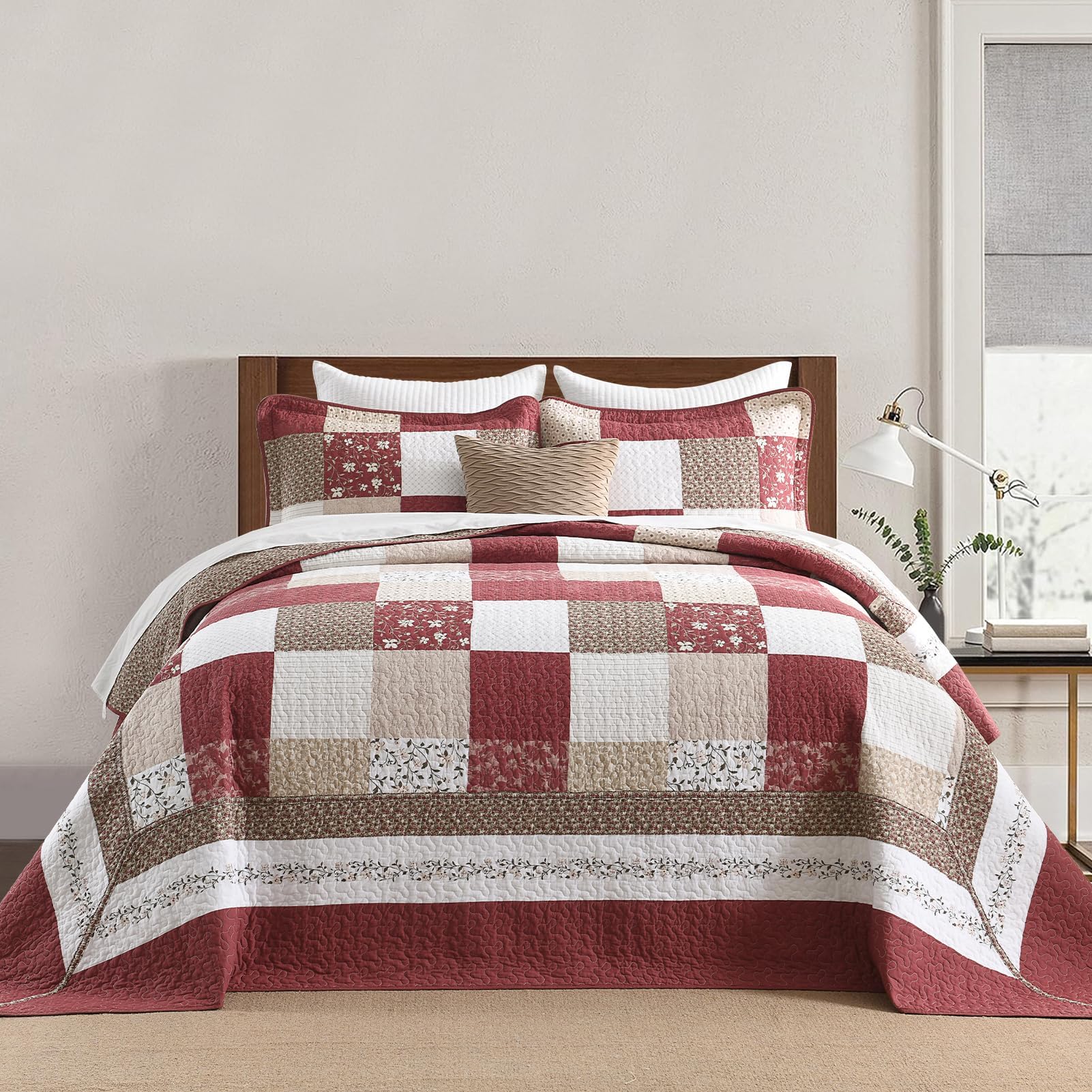 100% Cotton King Bedspread 120"x120", Oversized Quilt Set, Extra Wide Bedspread Coverlet, Plaid Floral Pattern, Lightweight Quilted Reversible Bedding Set, 3 Piece, Cream/Burgundy