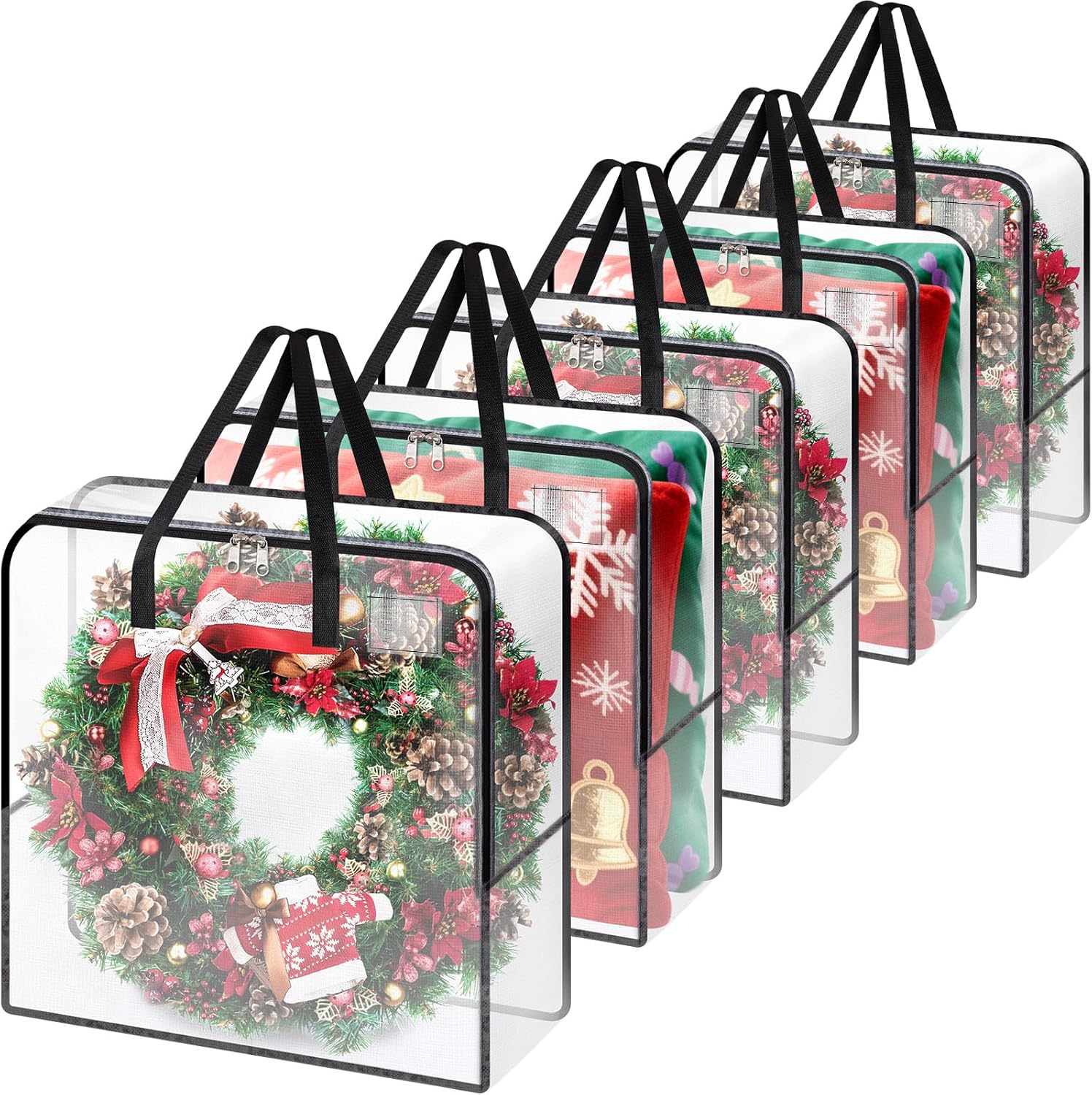 BlessedSeason Wreath Storage Container, 93L Large Clear Christmas Storage Bags for 24 to 30 Inch Artificial Garland, Holiday Decoration Organizer with Sturdy Zippers, Moving Bag for Home (5-Pack)
