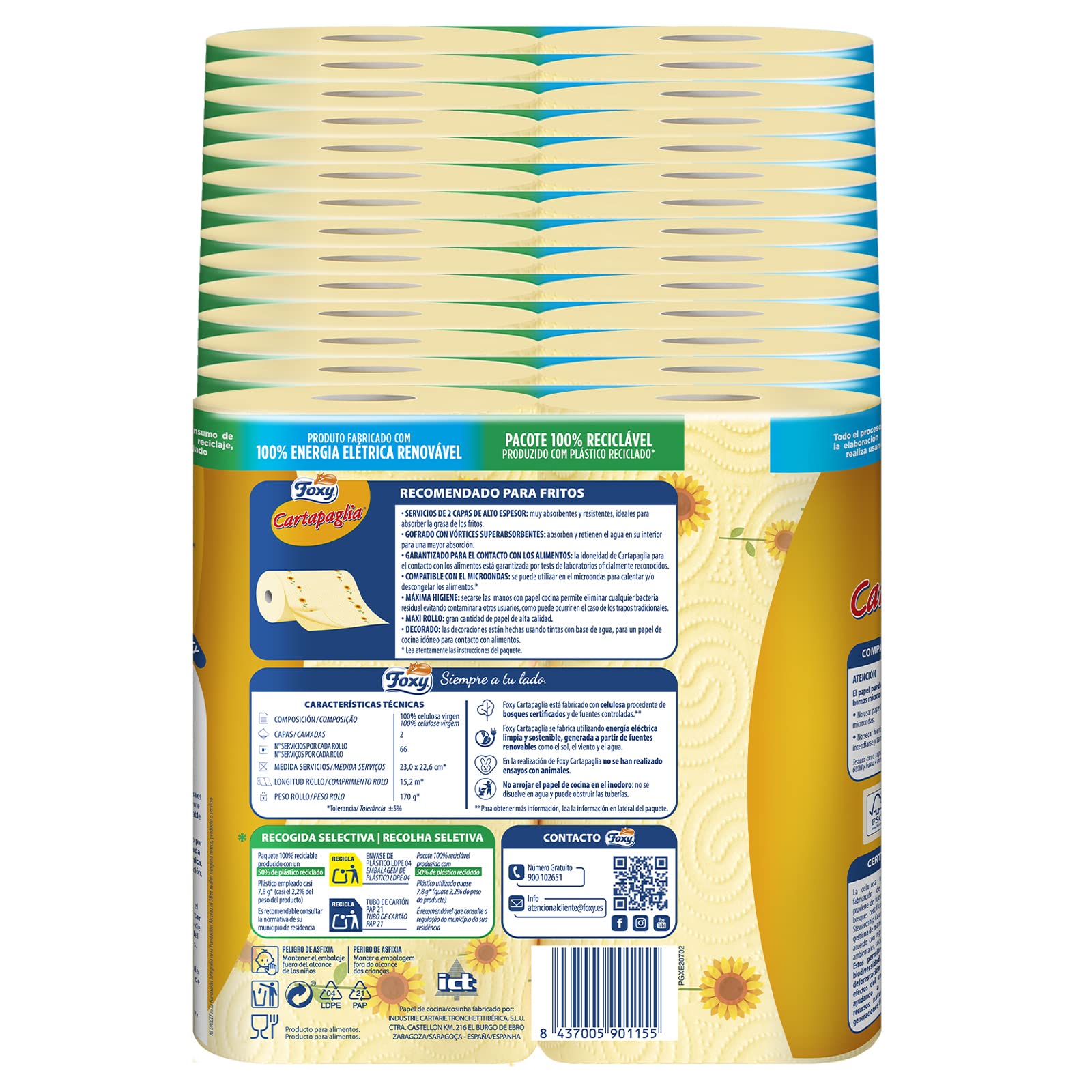Foxy Cartapaglia | Papel Cocina 28 rollos | Recomendado para fritos | Decorado | Certificación FSC | 100% Energía eléctrica renovable | Paquete reciclable producido plástico reciclado