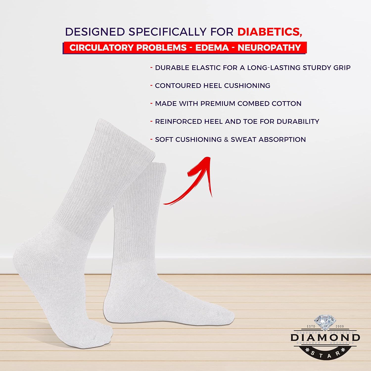 Diamond Star Diabetic Socks, Non-Binding Circulatory Cushion Cotton Crew Diabetic Socks for Men Women - Image 4