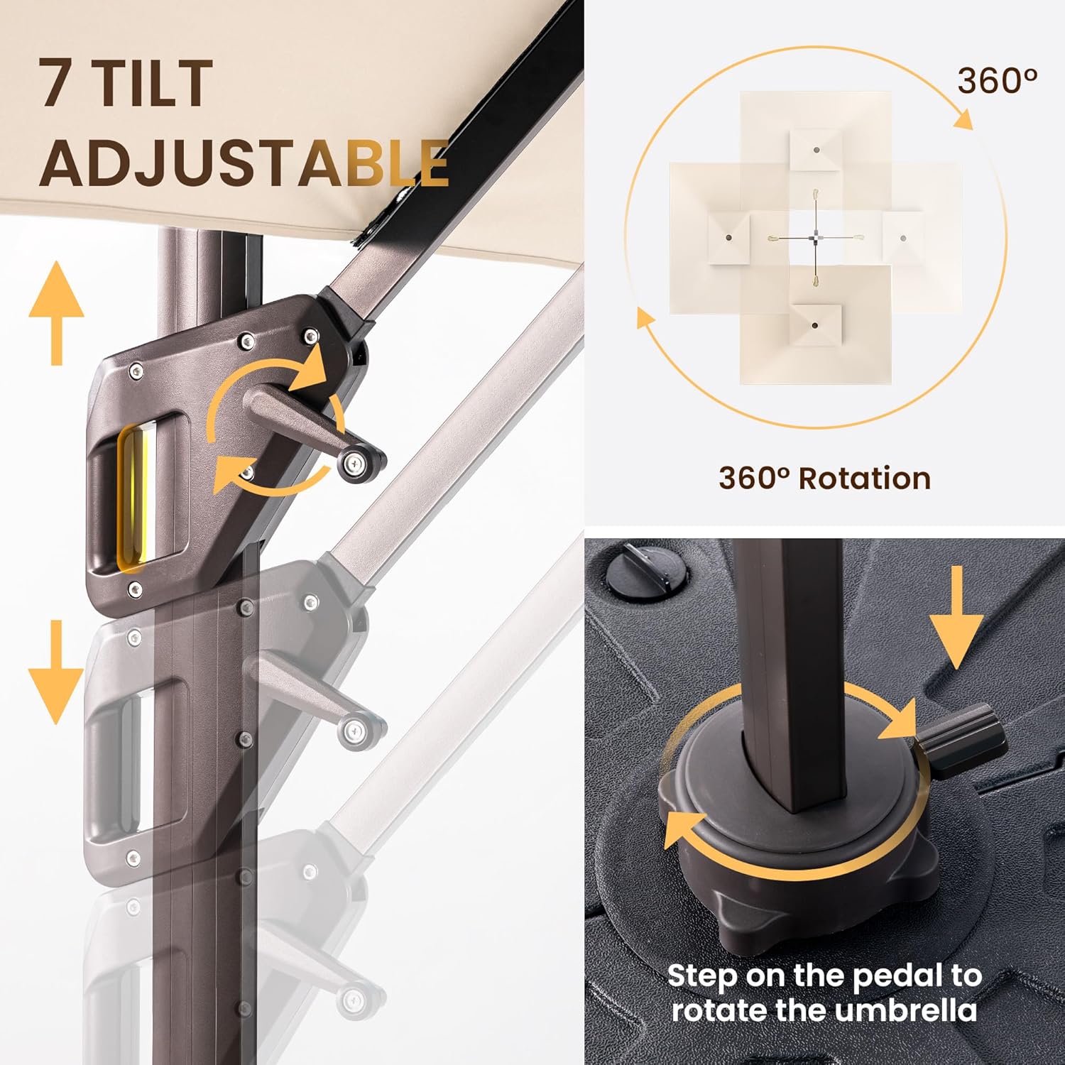 10 X 13 FT Cantilever Patio Umbrella with Led Lights and Base Included Outdoor Heavy Duty Double Top Rectangle Offset Umbrellas with 360-degree Rotation for Pool Deck Backyard, Beige - Image 5