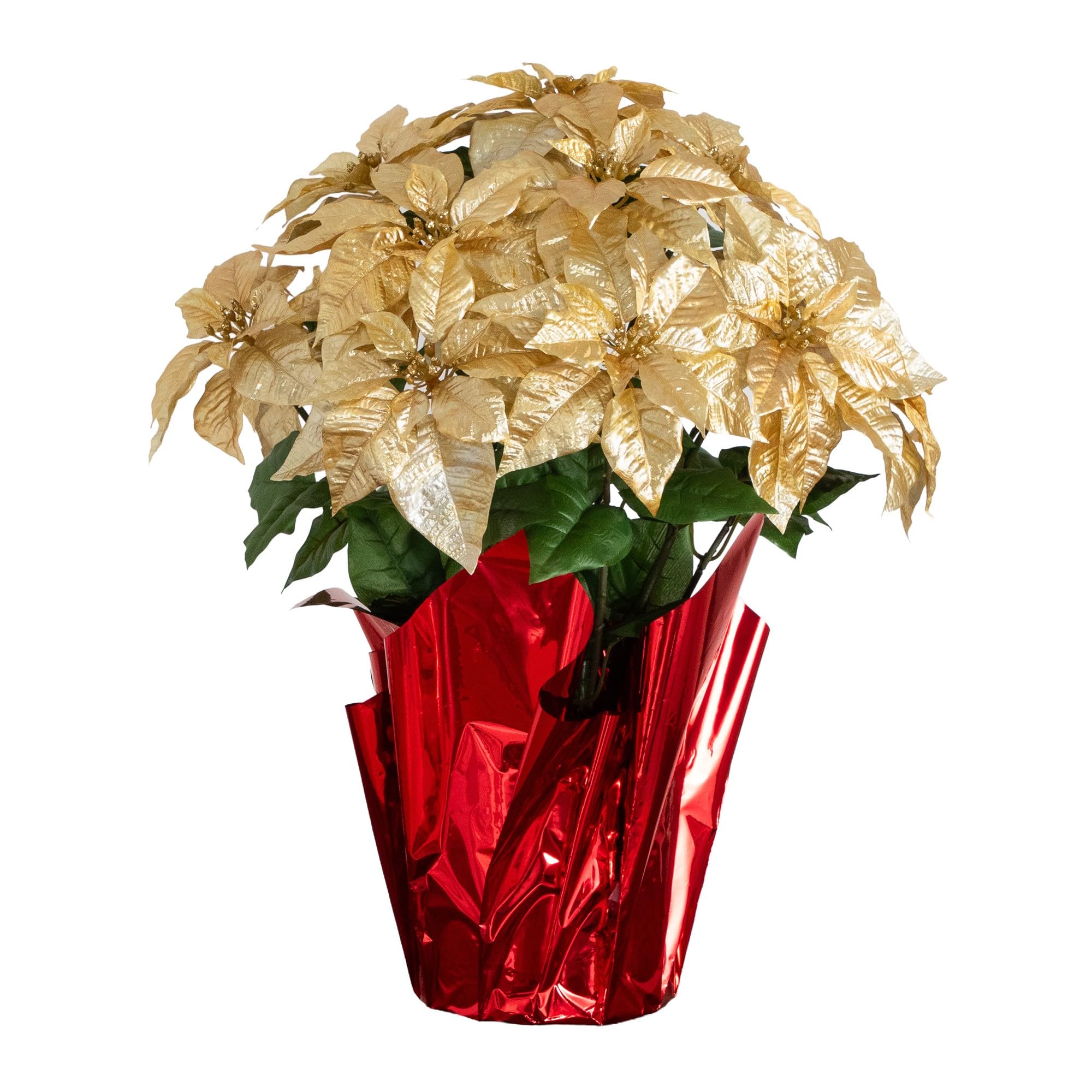 Nearly Natural 30in. Gold Poinsettia in Red Planter, Holiday Decor