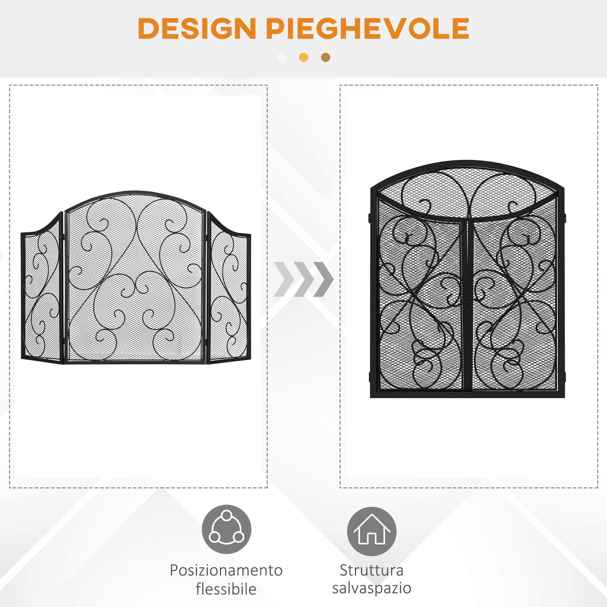 HOMCOM Parascintille Camino a 3 Pannelli in Metallo, 66x31x81 cm Nero