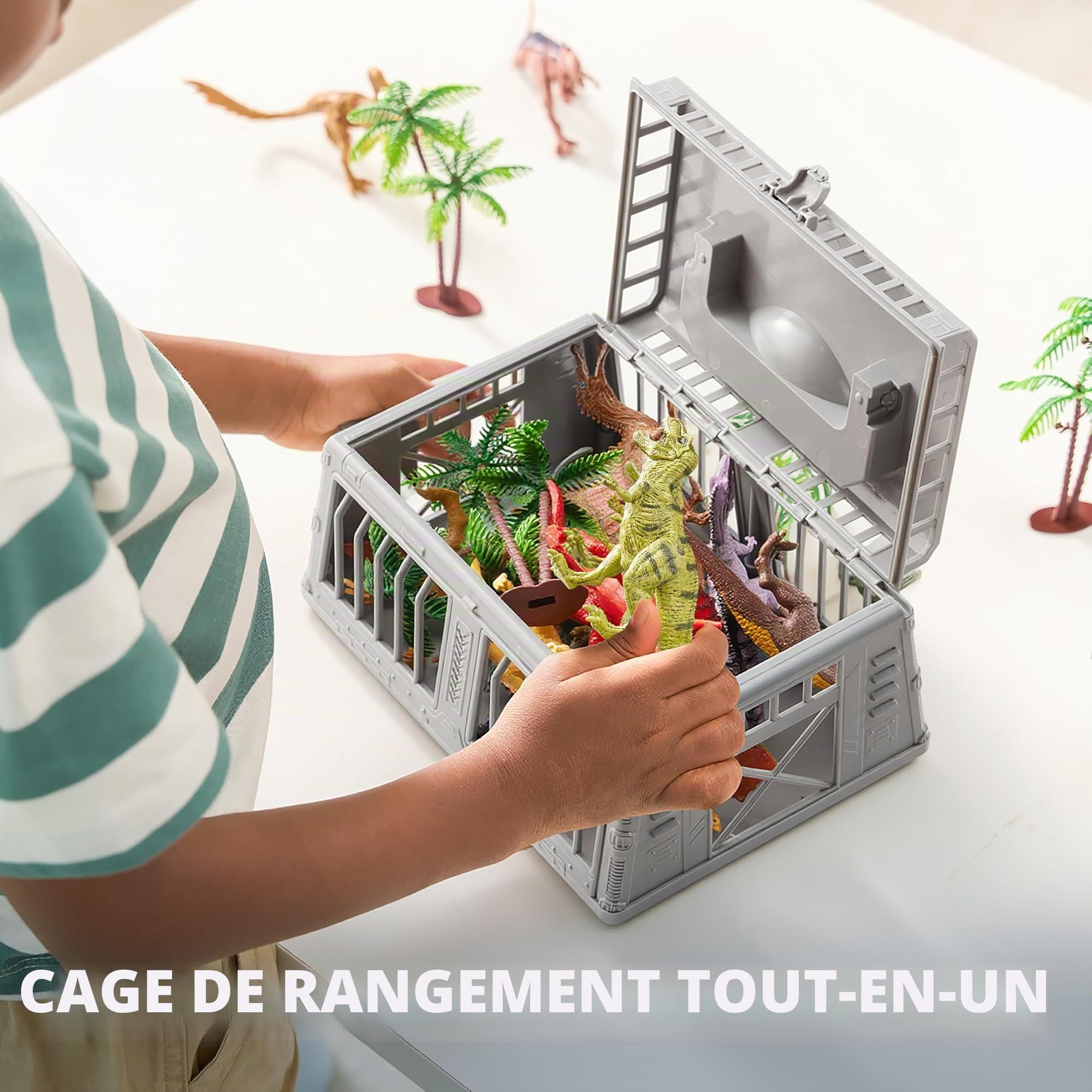JOYIN 3-6 Ans garçon Dinosaure Jouet pour Enfants avec Tapis de Jeu et Cage de Rangement, 19pcs Réalistes Personnages et Arbres