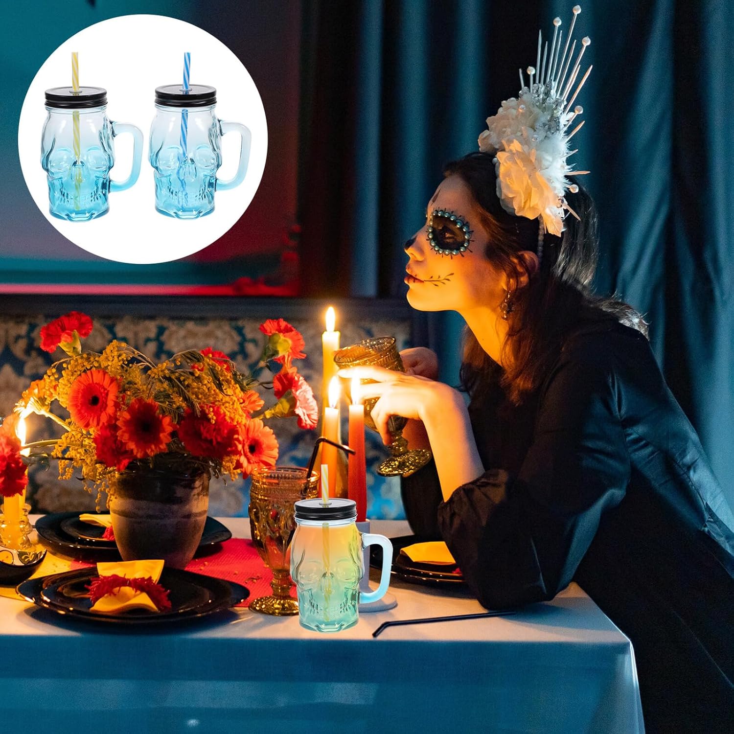 Cabilock 2pcs Halloween Skull Glass Beer Bottles with Handle 500ml Gradient Blue Glassware Party Drinkware for Halloween Decoration and Beverage Serving Random Color