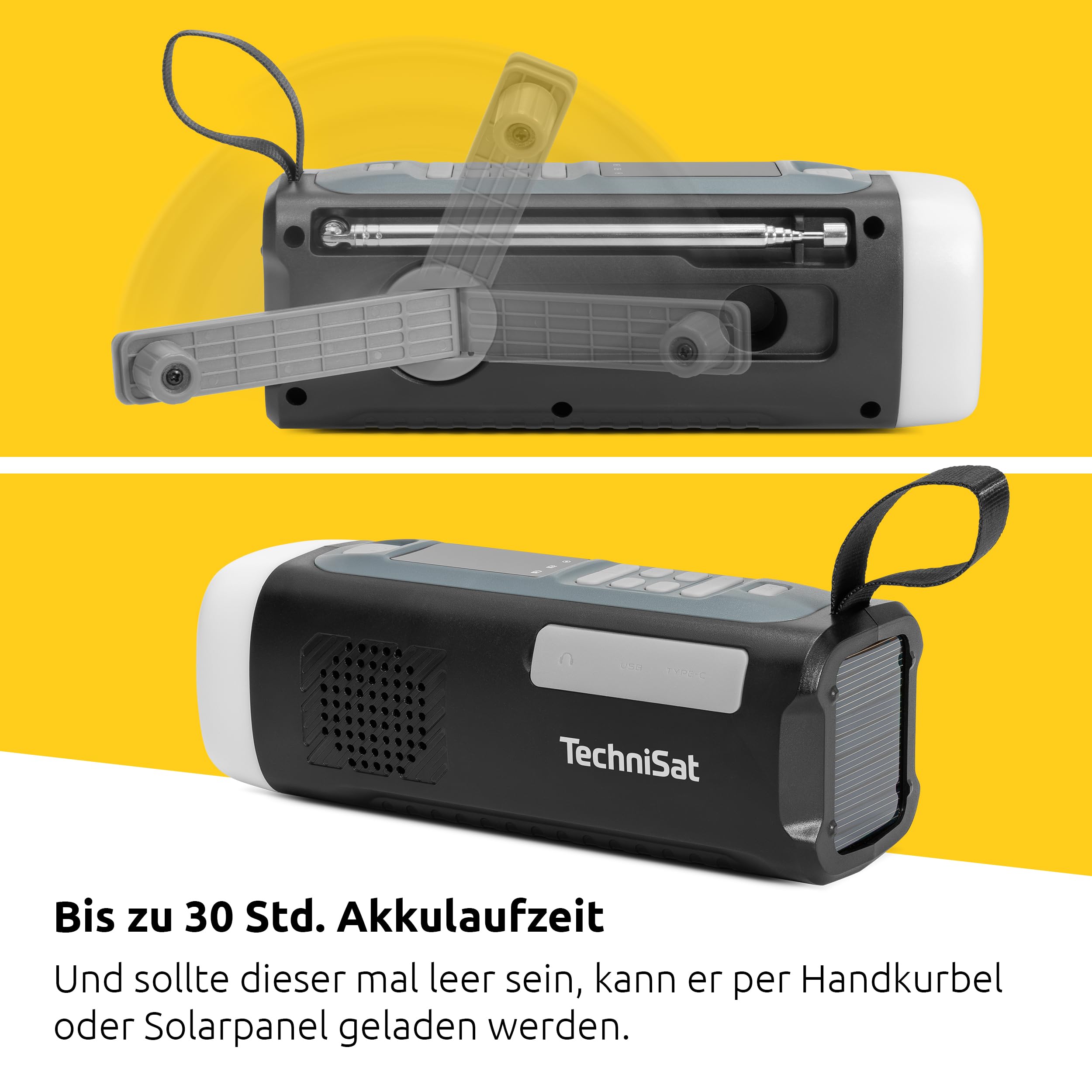TechniSat Viola Kurbelradio – Notfallradio mit Solar und Kurbel, 4500 mAh Akku, UKW/FM, Bluetooth, Lautsprecher, LED Taschenlampe, SOS Alarm, Powerbankfunktion, mit USB, Blackout, Notfallausrüstung