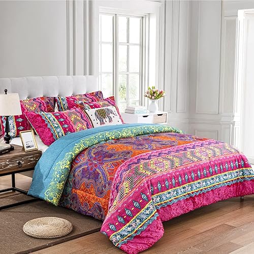 Miniatura 7 de WONGS BEDDING Juego de edredón bohemio tamaño King, juego de edredón alternativo bohemio reversible de microfibra, 3 piezas (1 juego de edredón